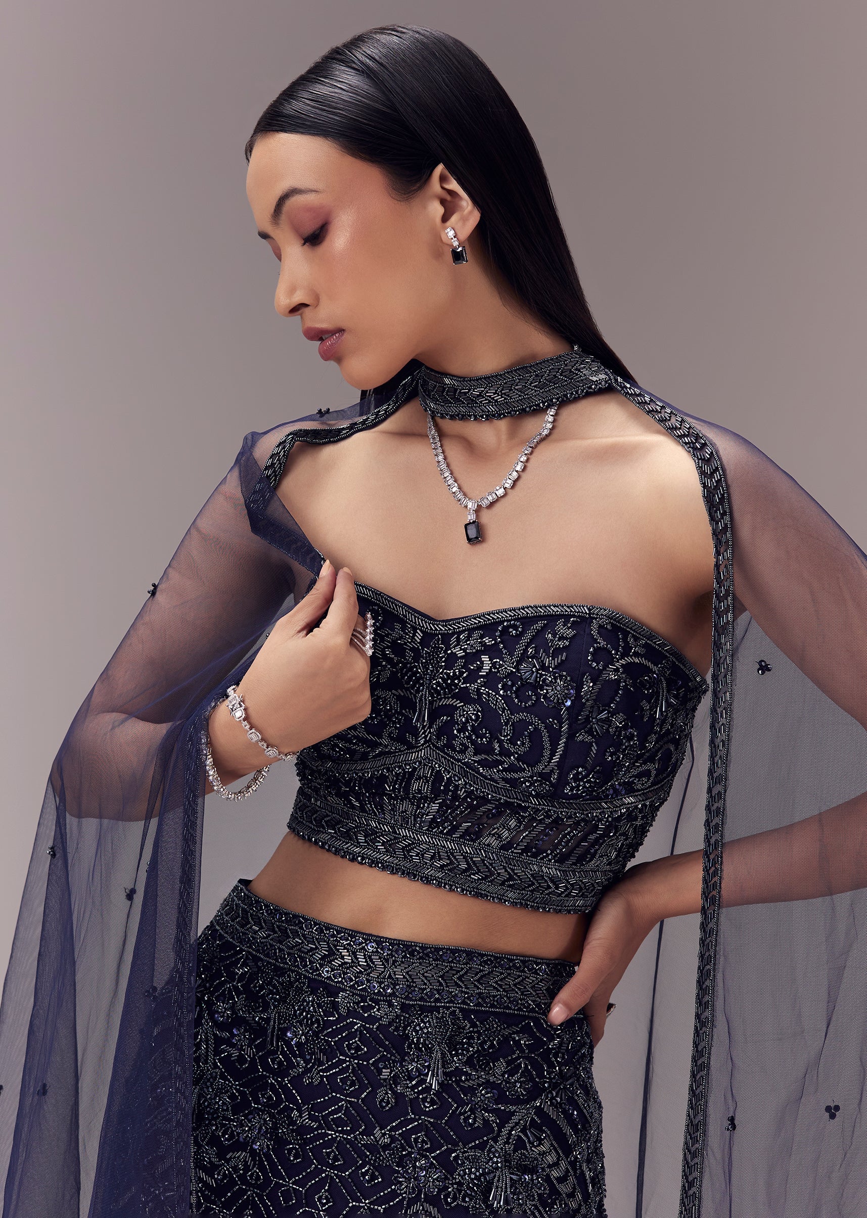 Blue Embellished Fishcut Lehenga with Corset Blouse and Choker Dupatta - Image 3