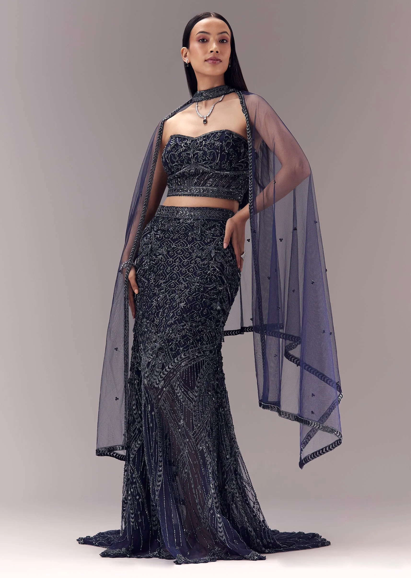 Blue Embellished Fishcut Lehenga with Corset Blouse and Choker Dupatta - Image 4