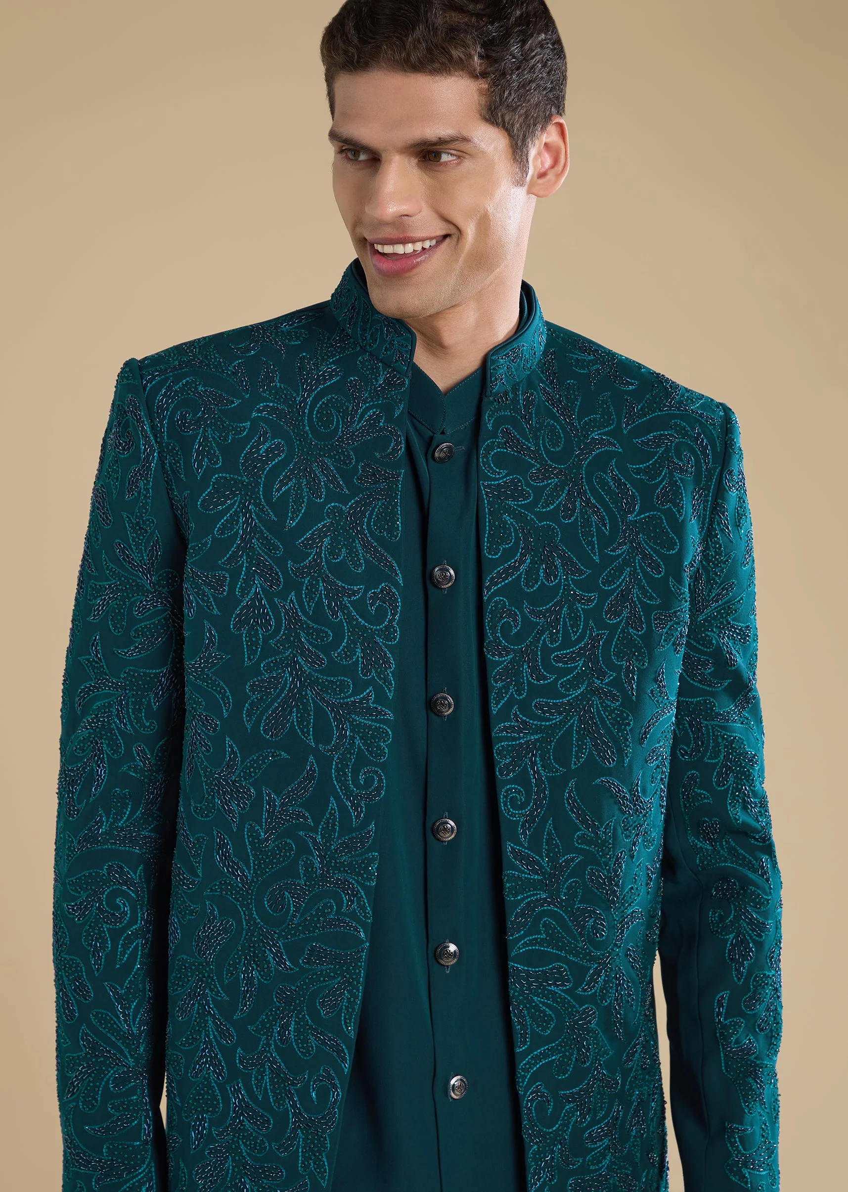 Blue Embellished Jodhpuri Set With Kurta And Pants