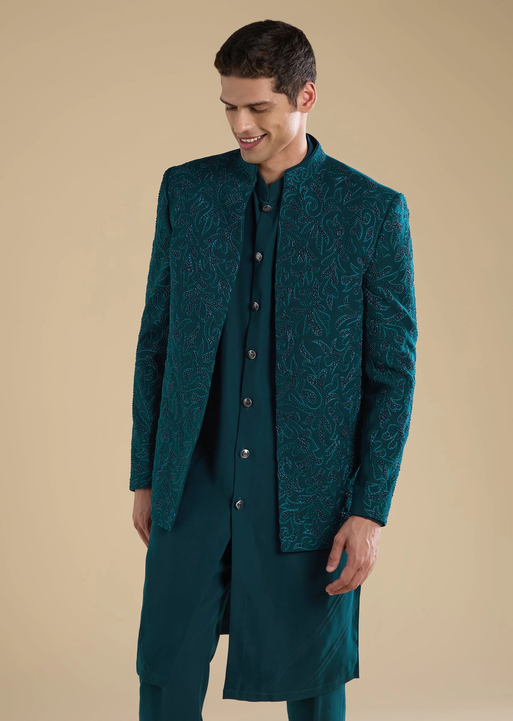 Blue Embellished Jodhpuri Set With Kurta And Pants - Image 3