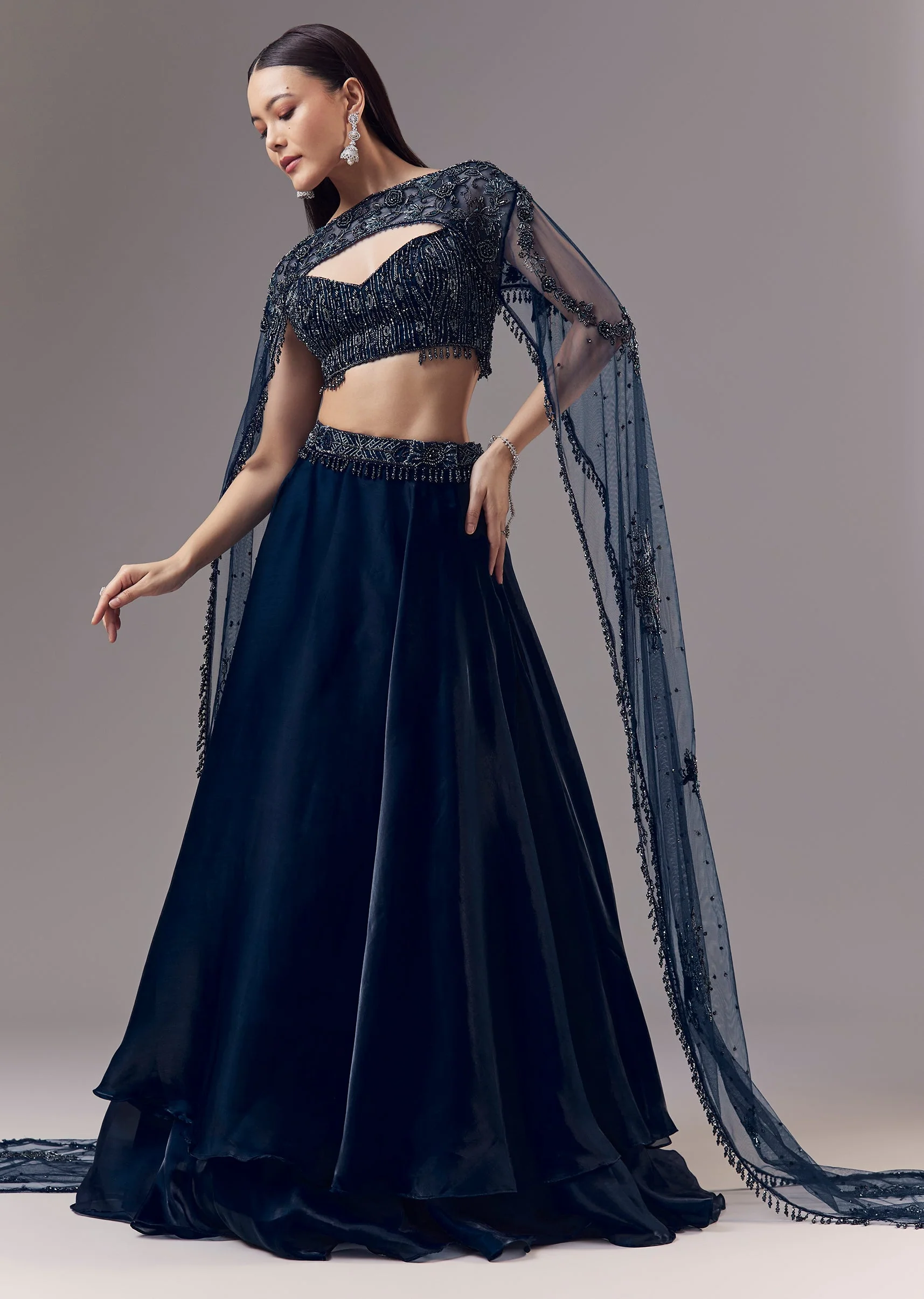 Blue Embellished Organza Cape and Lehenga Set