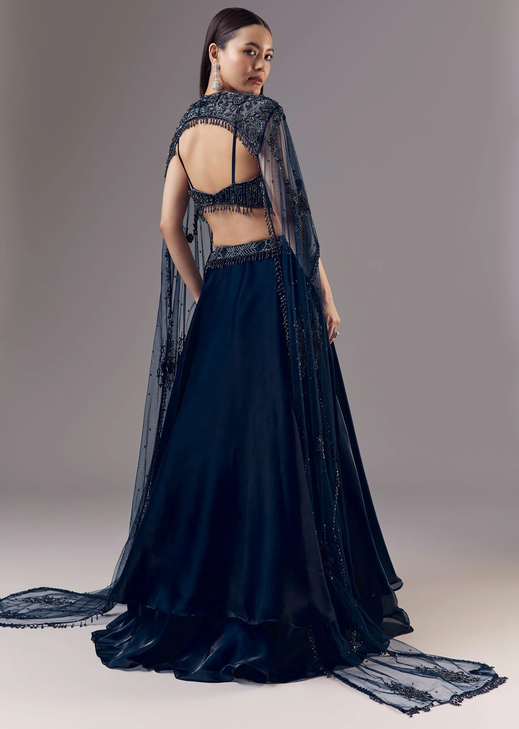Blue Embellished Organza Cape and Lehenga Set - Image 2