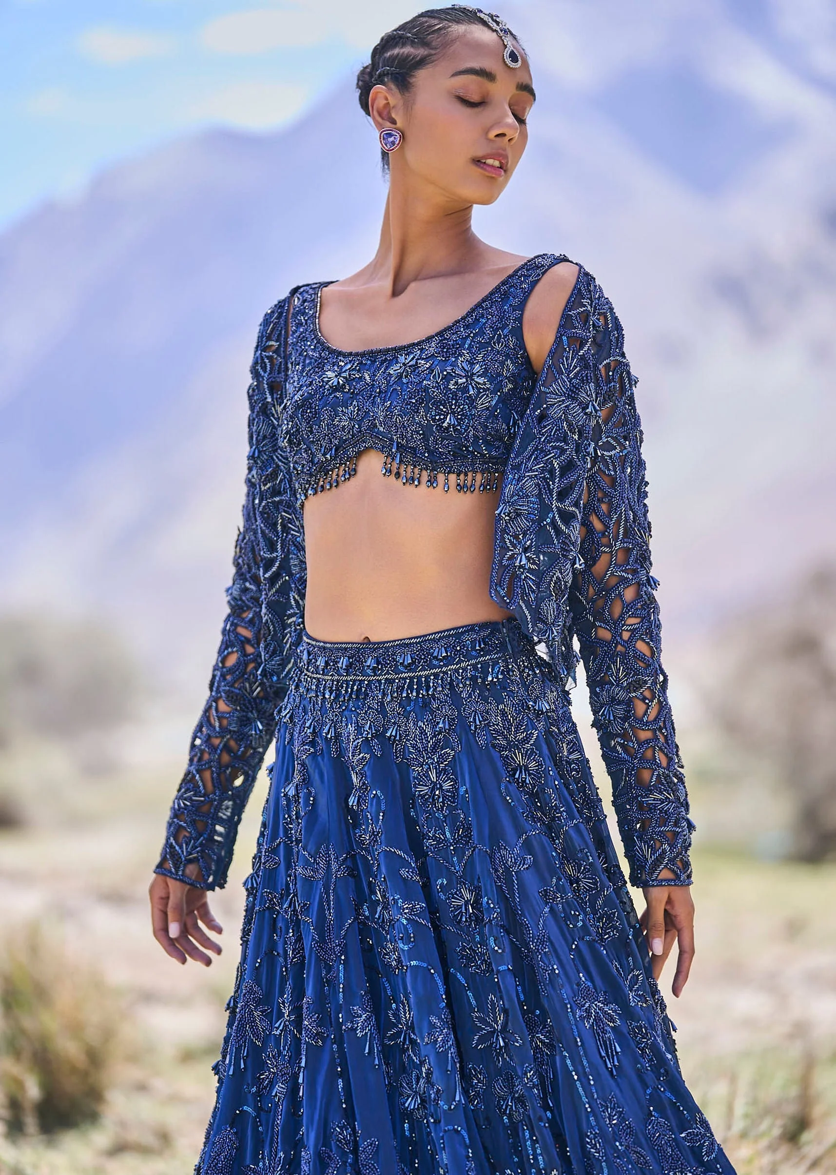 Blue Embroidered 10 Kali Lehenga With Blouse And Jacket - Image 2
