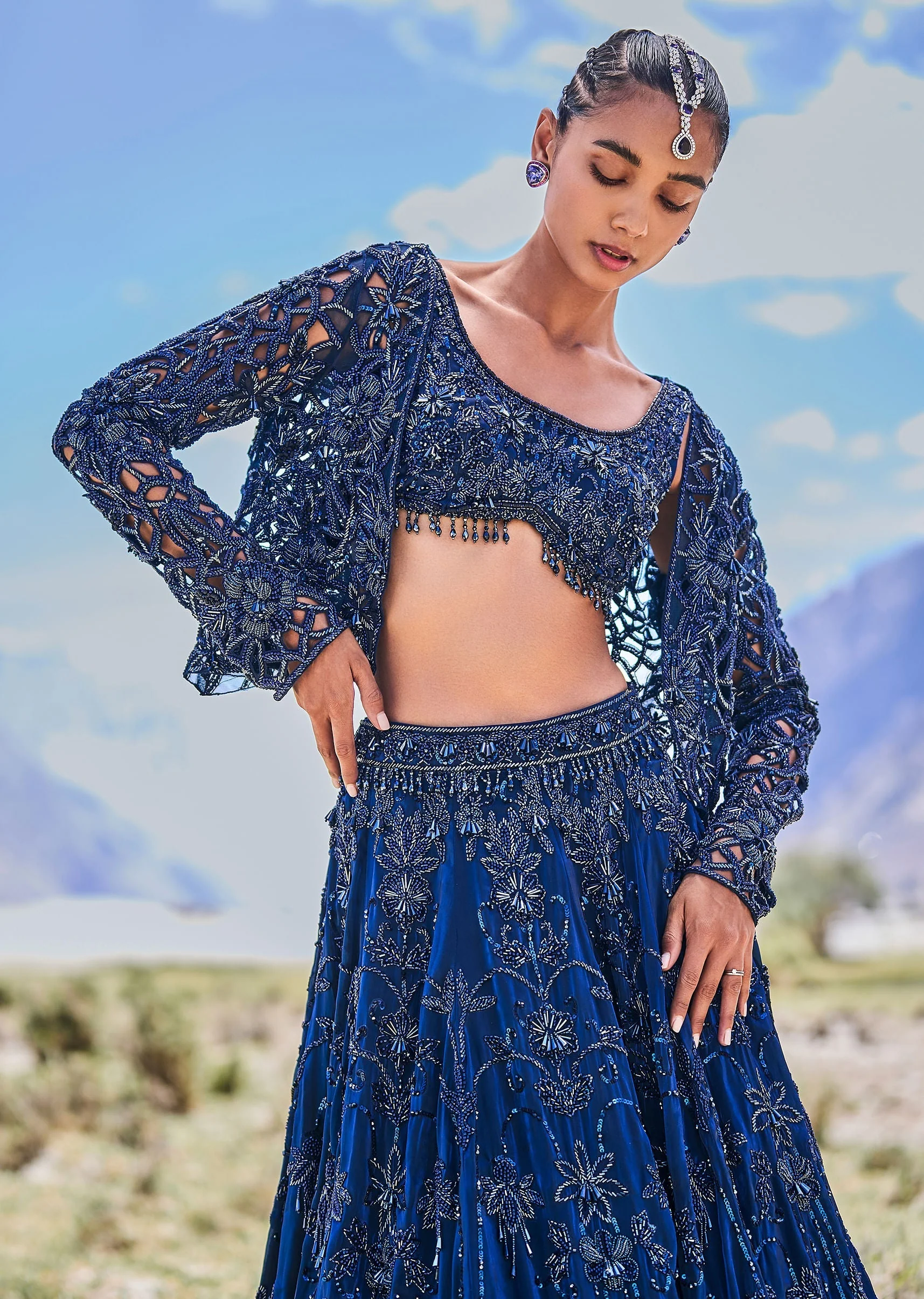 Blue Embroidered 10 Kali Lehenga With Blouse And Jacket - Image 4