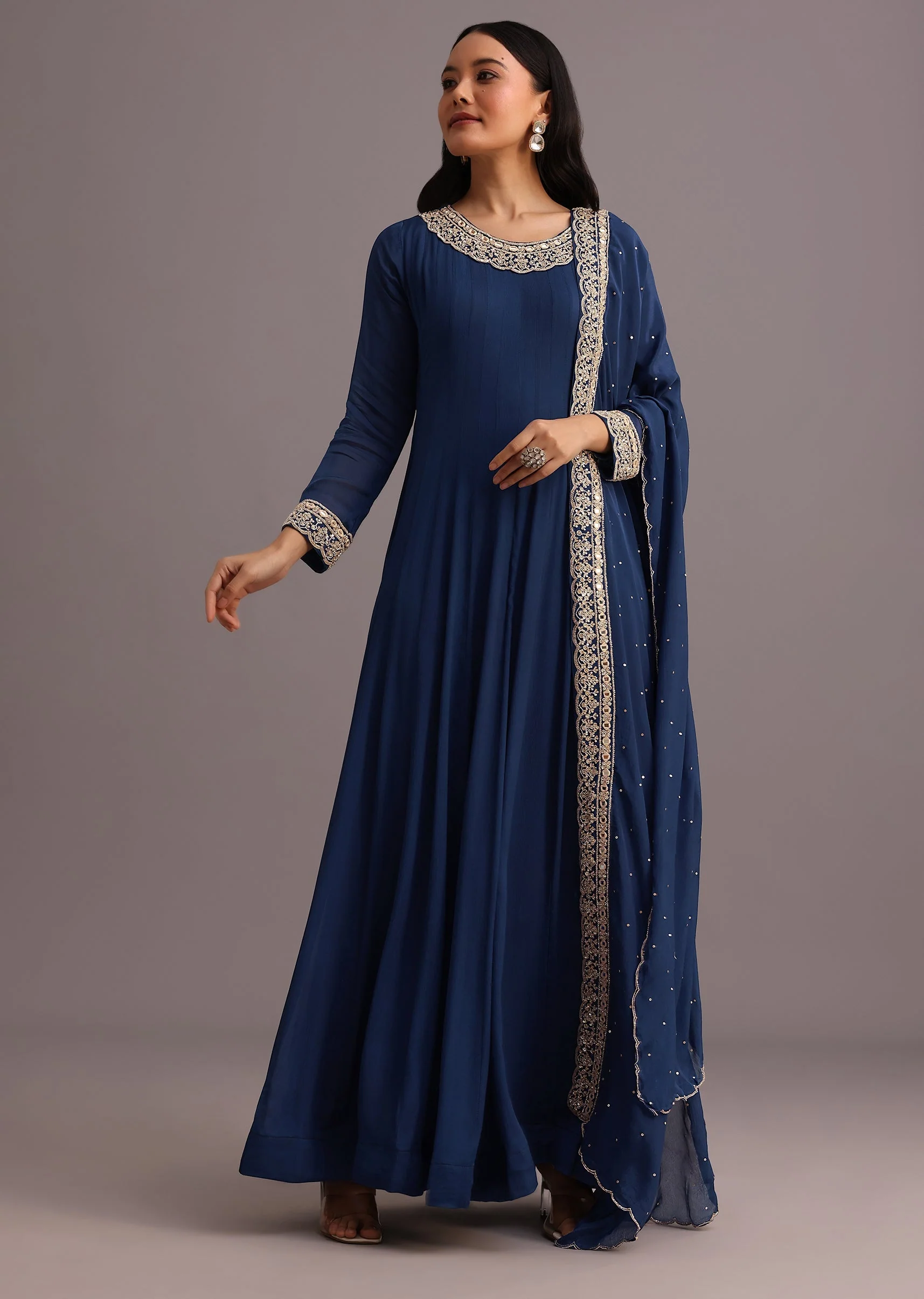 Blue Embroidered Anarkali Suit With Dupatta - Image 3