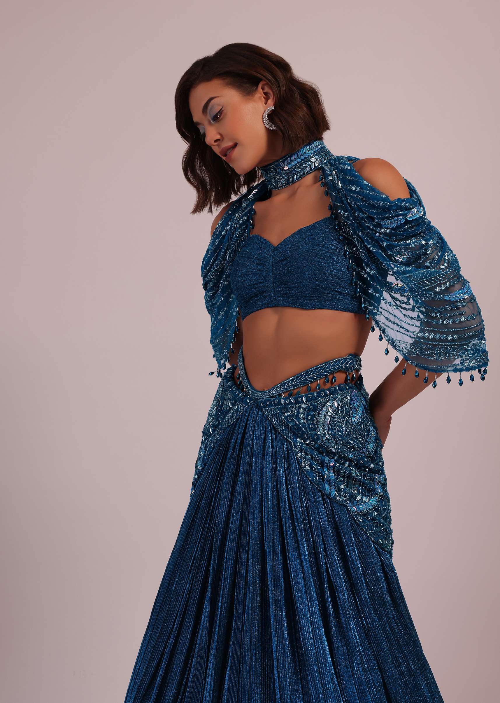 Blue Embroidered Bridal Lehenga And Blouse Set In Crushed Shimmer - Image 2