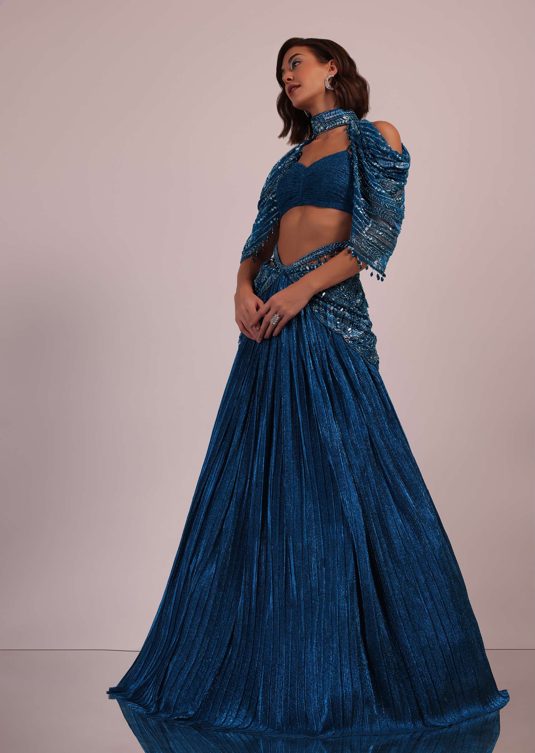 Blue Embroidered Bridal Lehenga And Blouse Set In Crushed Shimmer - Image 3