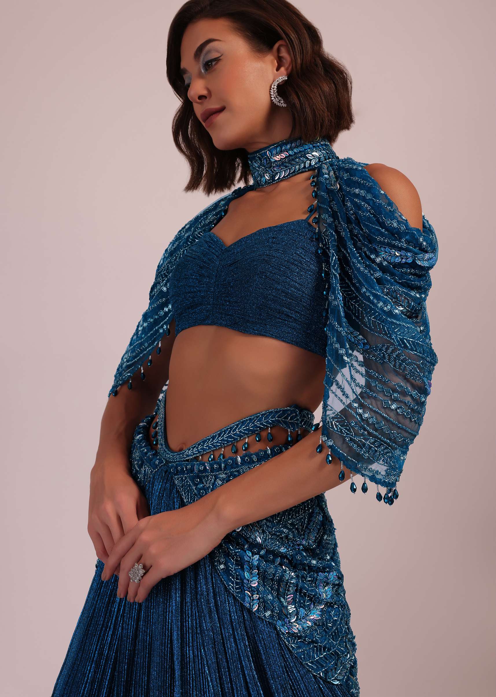 Blue Embroidered Bridal Lehenga And Blouse Set In Crushed Shimmer - Image 5