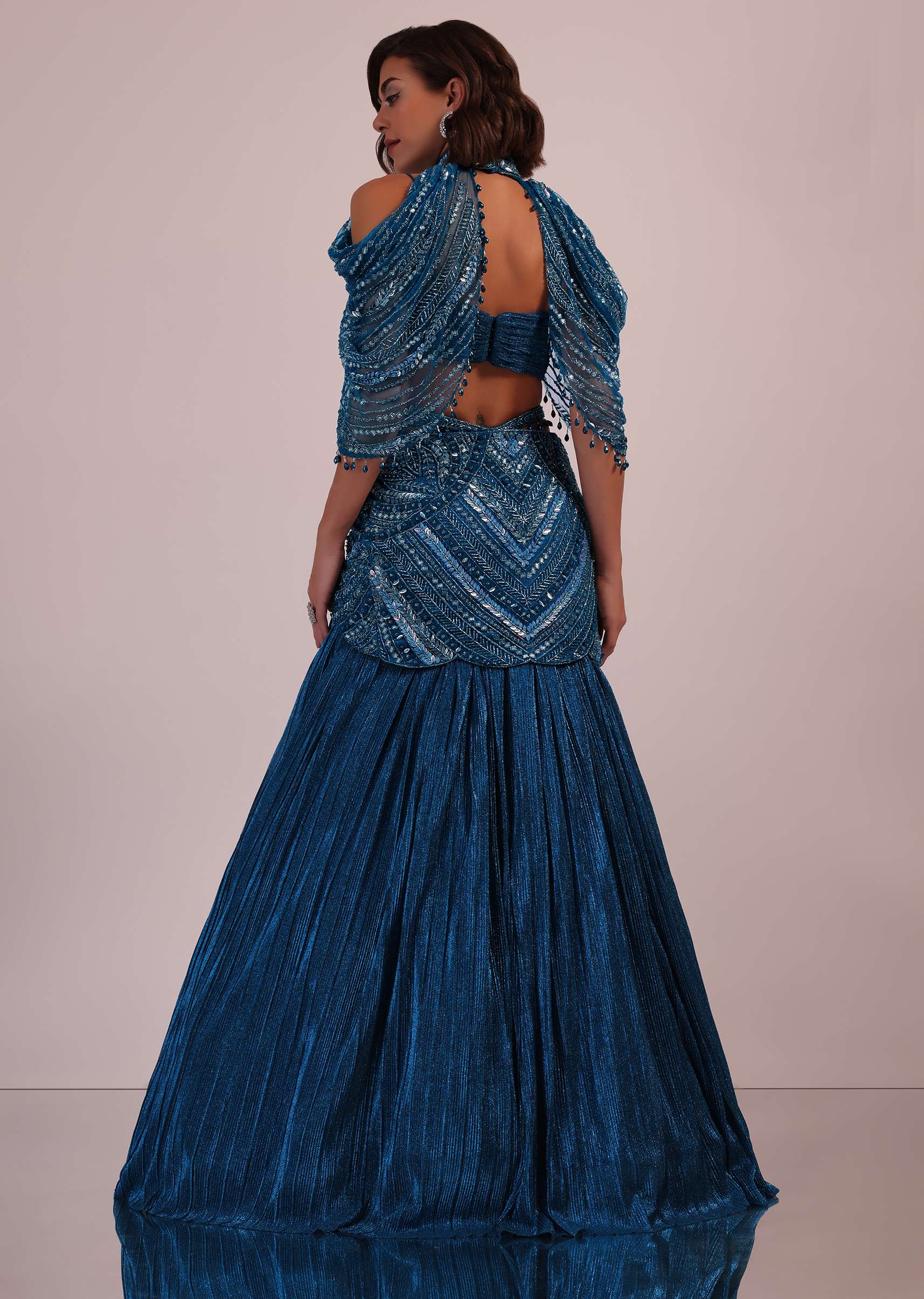 Blue Embroidered Bridal Lehenga And Blouse Set In Crushed Shimmer - Image 6