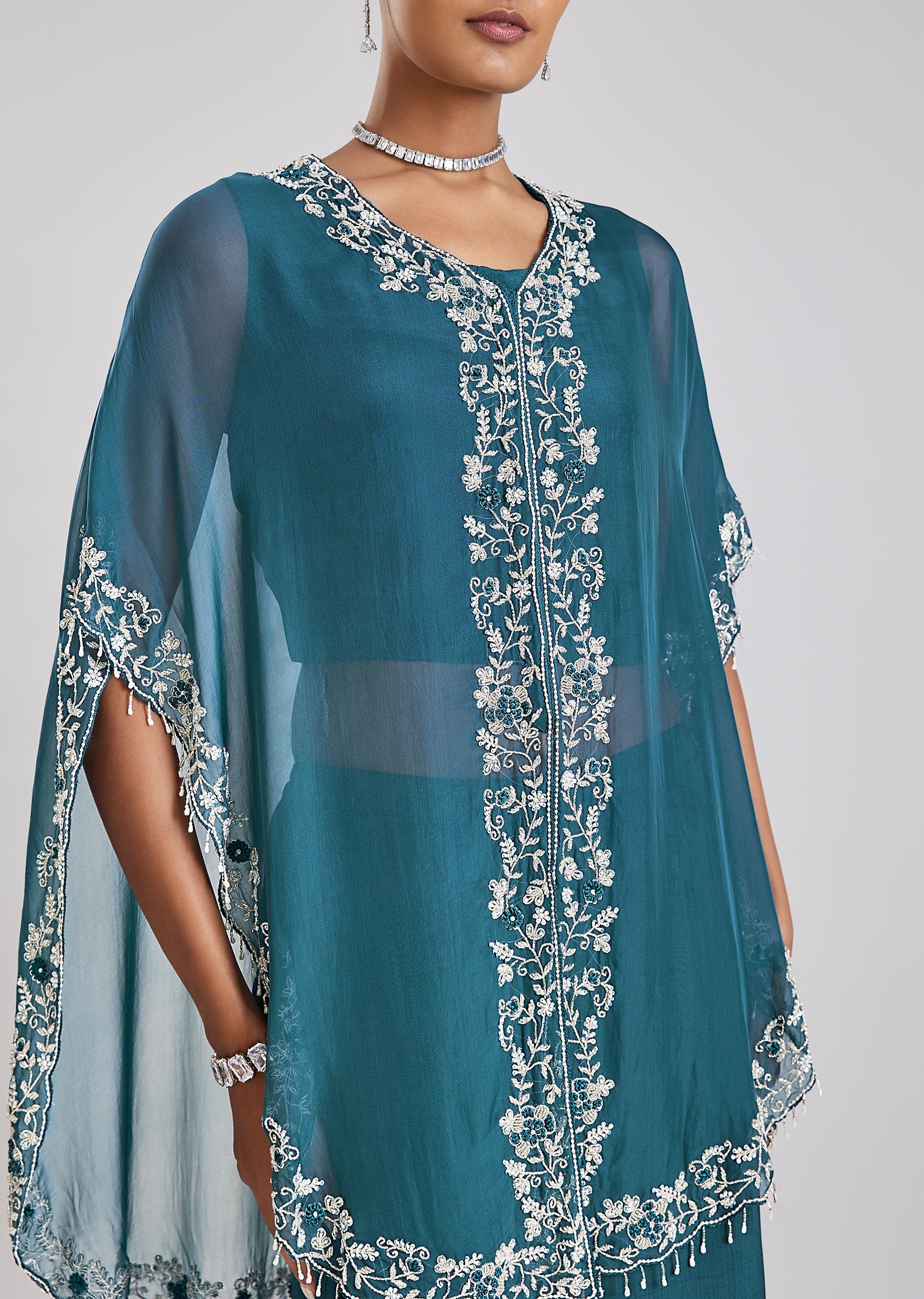 Blue Embroidered Cape Style Top Palazzo Set - Image 2