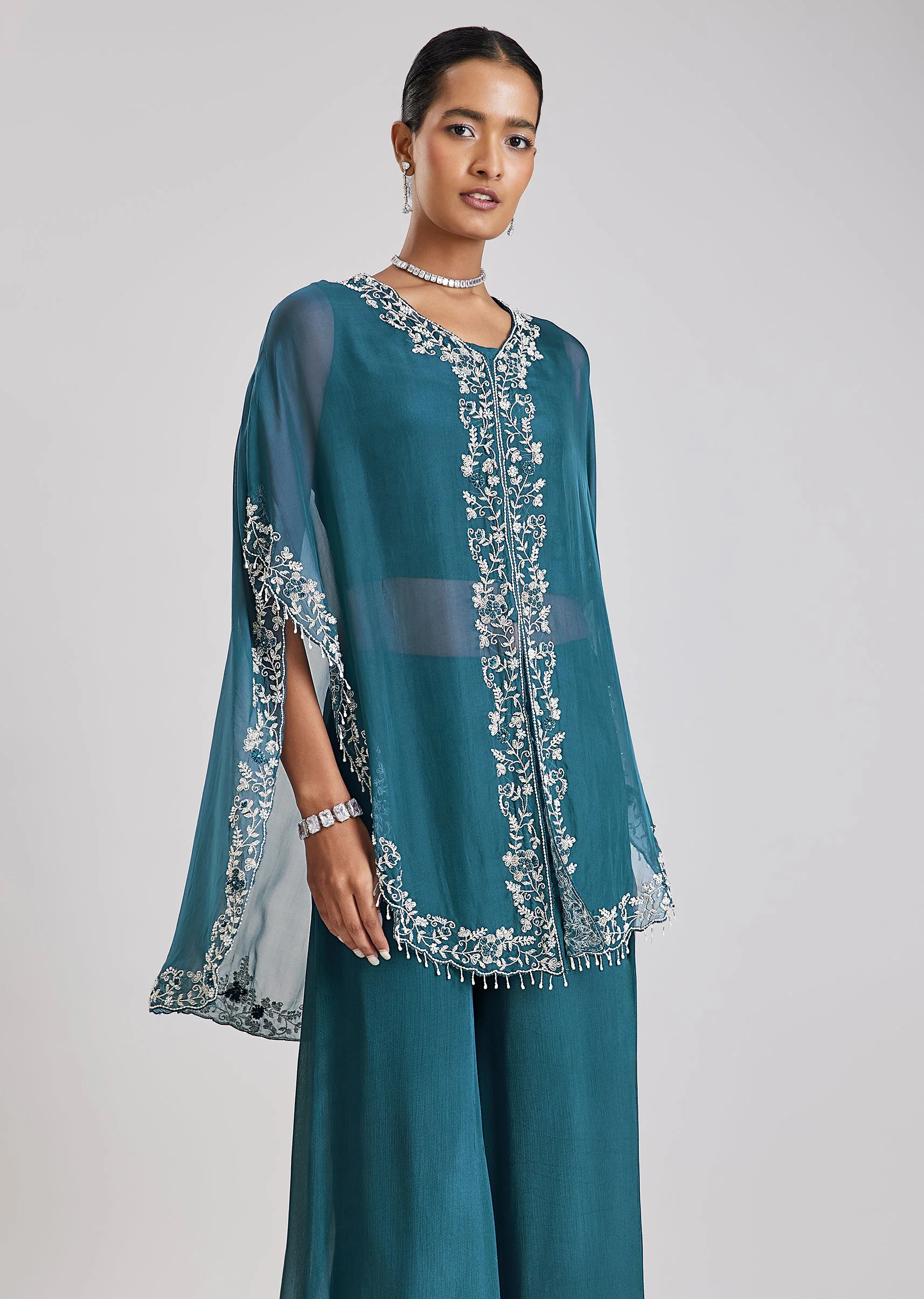 Blue Embroidered Cape Style Top Palazzo Set - Image 4