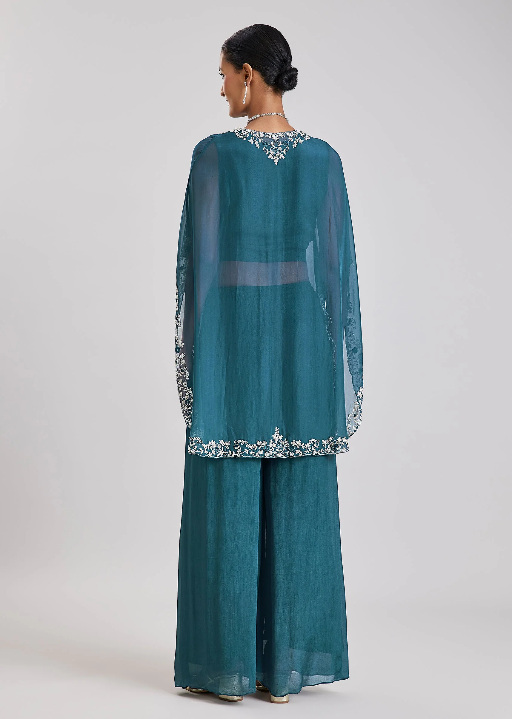 Blue Embroidered Cape Style Top Palazzo Set - Image 5