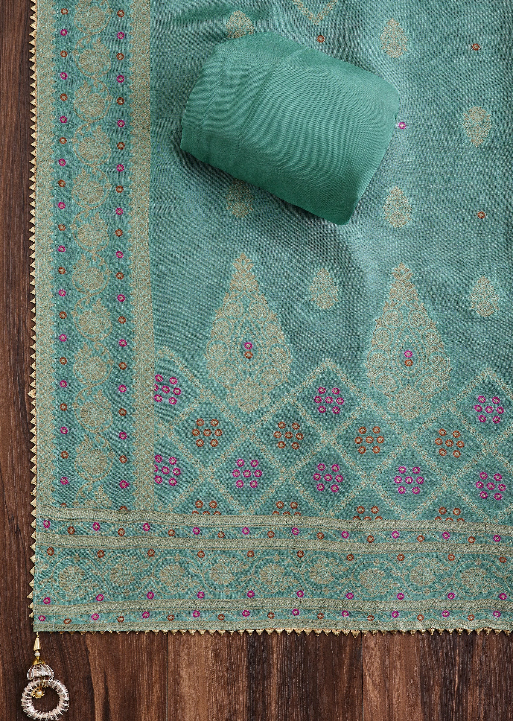 Blue Embroidered Chanderi Unstitched Suit - Image 3