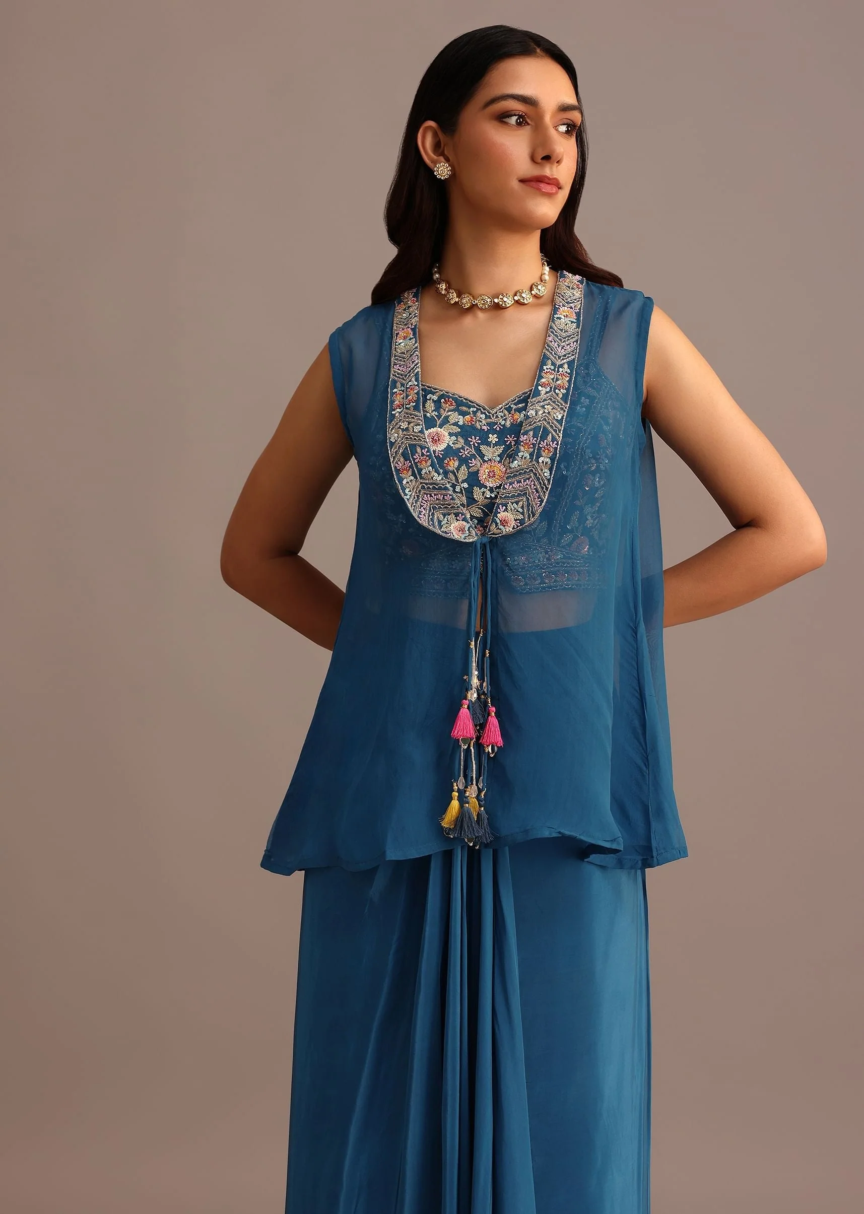 Blue Embroidered Croptop With Drape Skirt And Organza Jacket - Image 2