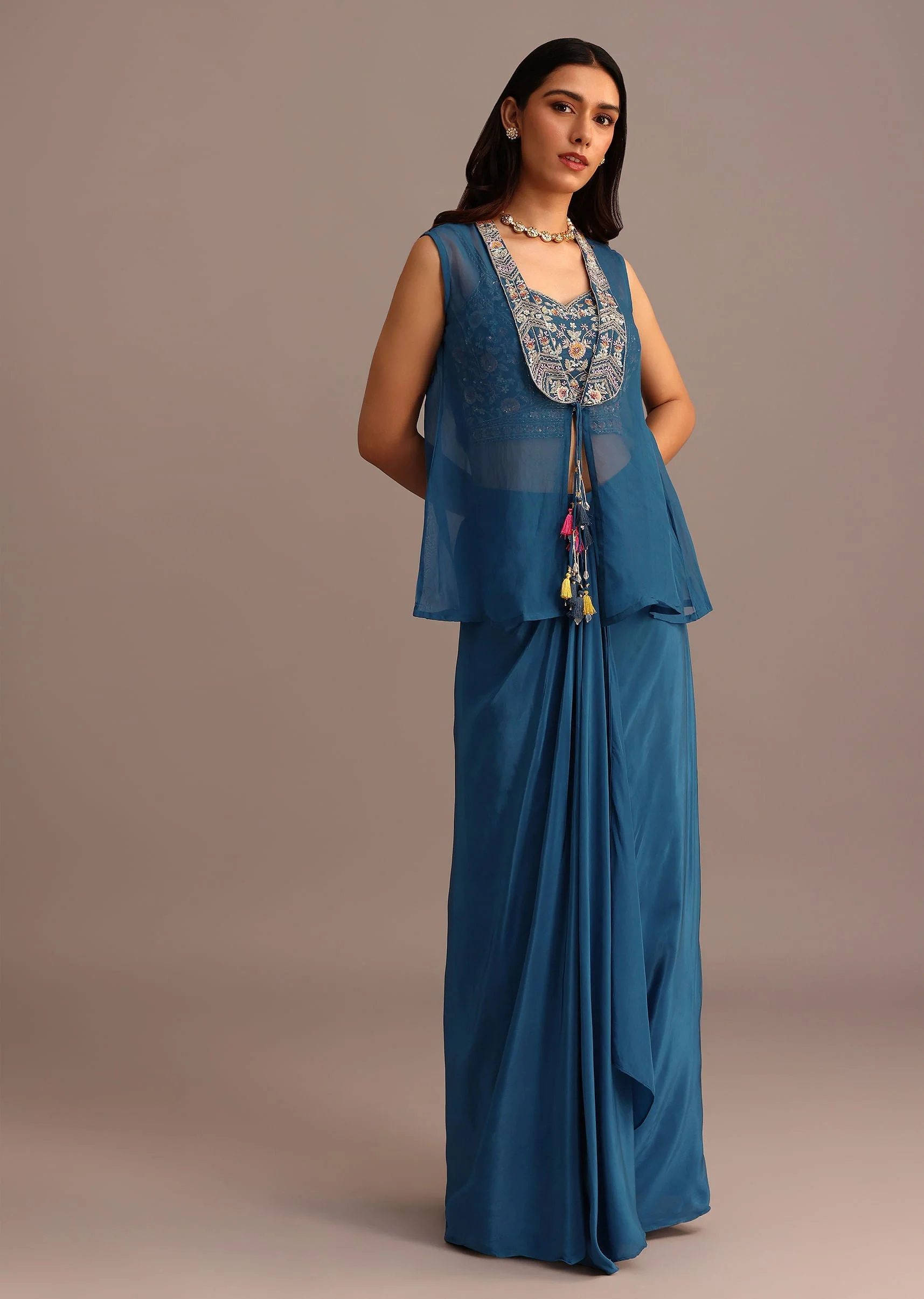 Blue Embroidered Croptop With Drape Skirt And Organza Jacket - Image 3