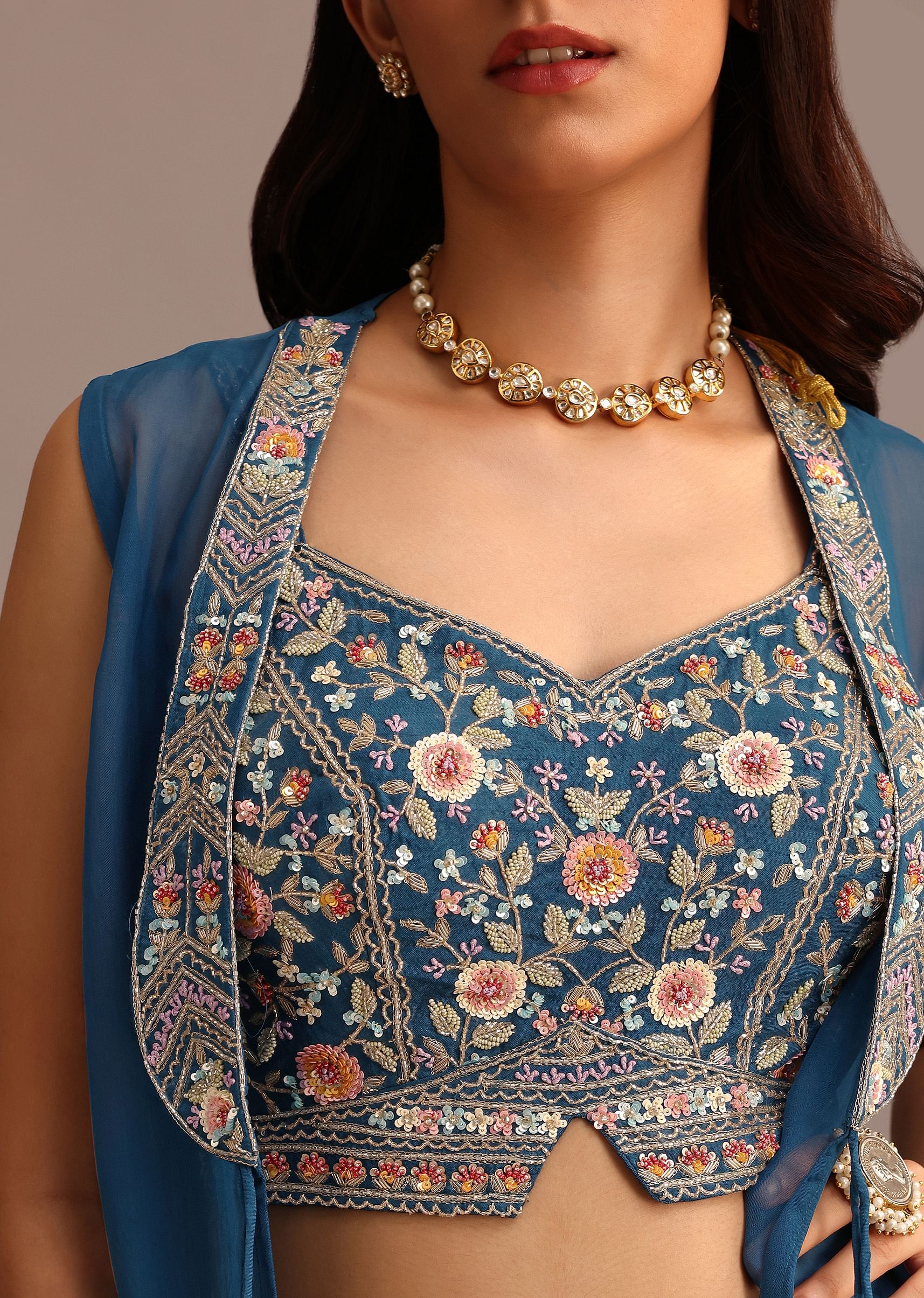 Blue Embroidered Croptop With Drape Skirt And Organza Jacket - Image 4