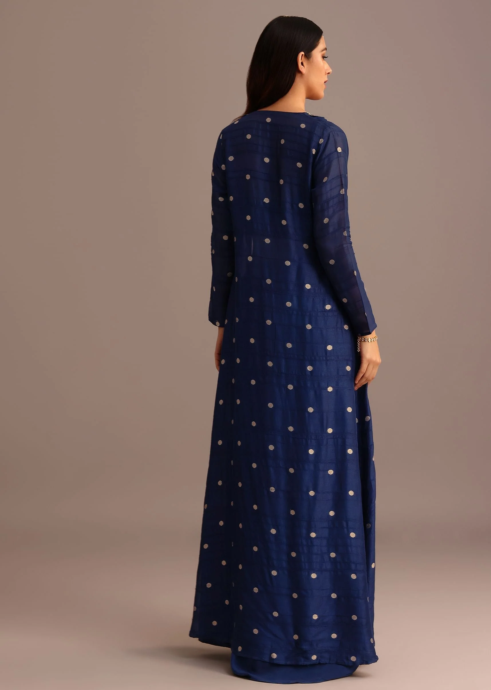 Blue Embroidered Croptop With Drape Skirt And Tussar Jacket - Image 5