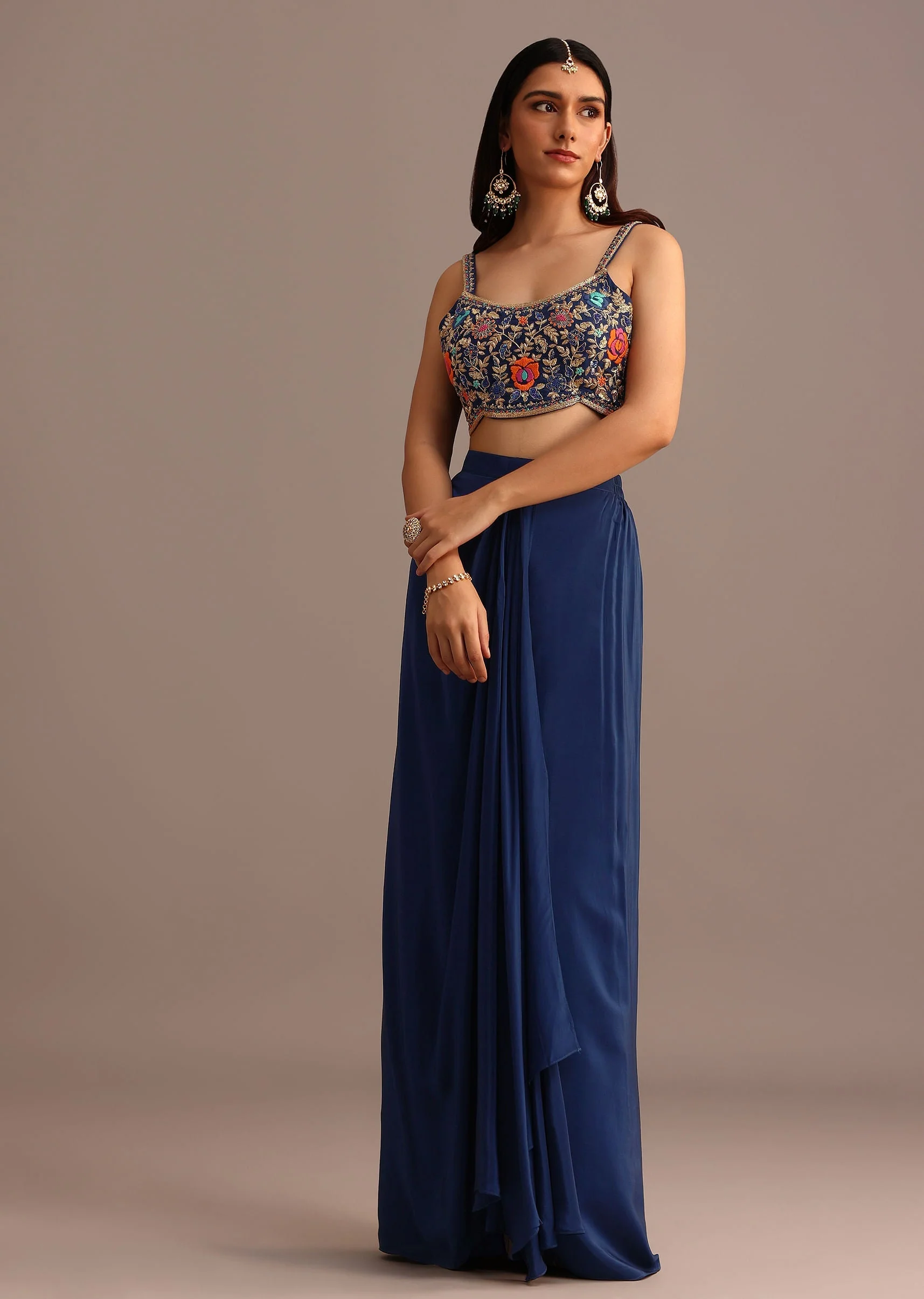 Blue Embroidered Croptop With Drape Skirt And Tussar Jacket - Image 6