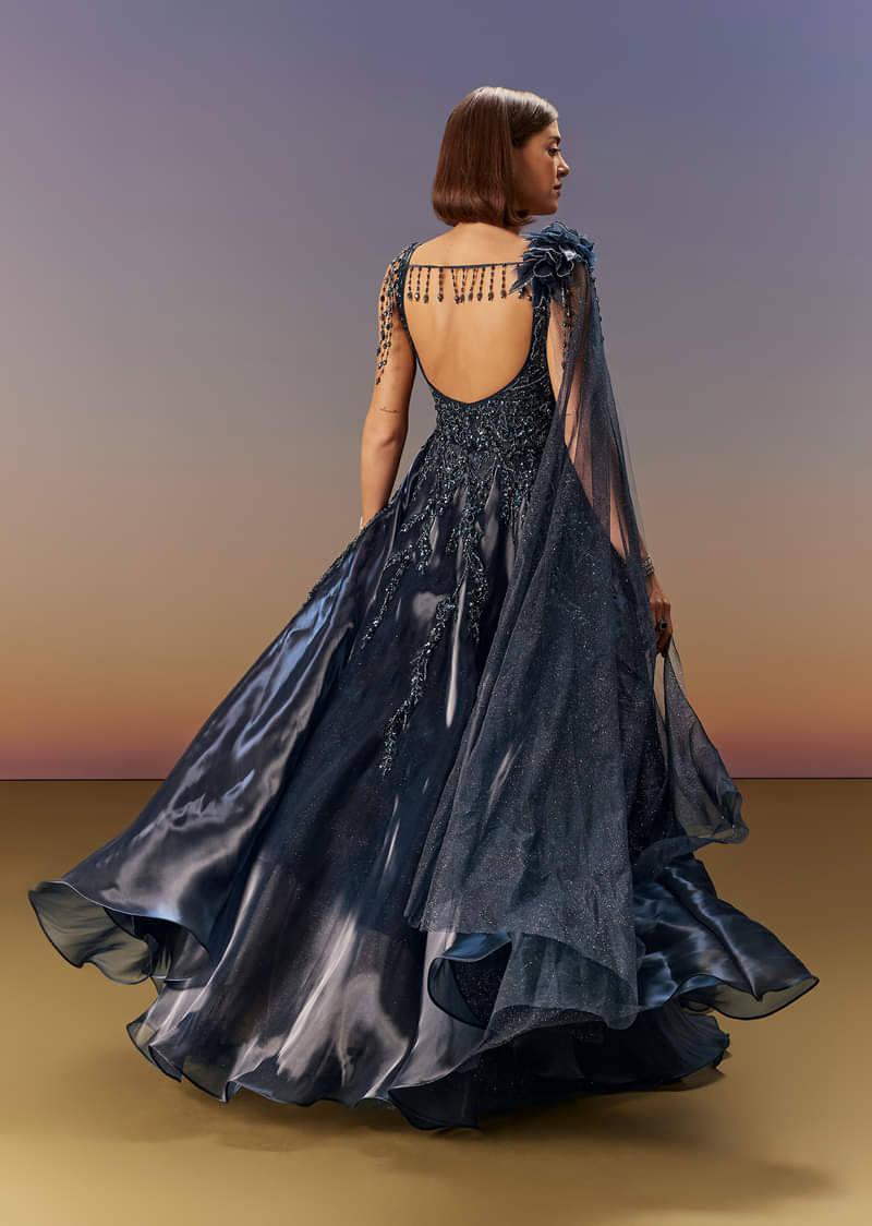 Blue Embroidered Gown With Asymmetric Shoulder Cape - Image 2