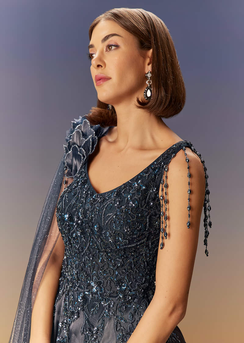 Blue Embroidered Gown With Asymmetric Shoulder Cape - Image 3