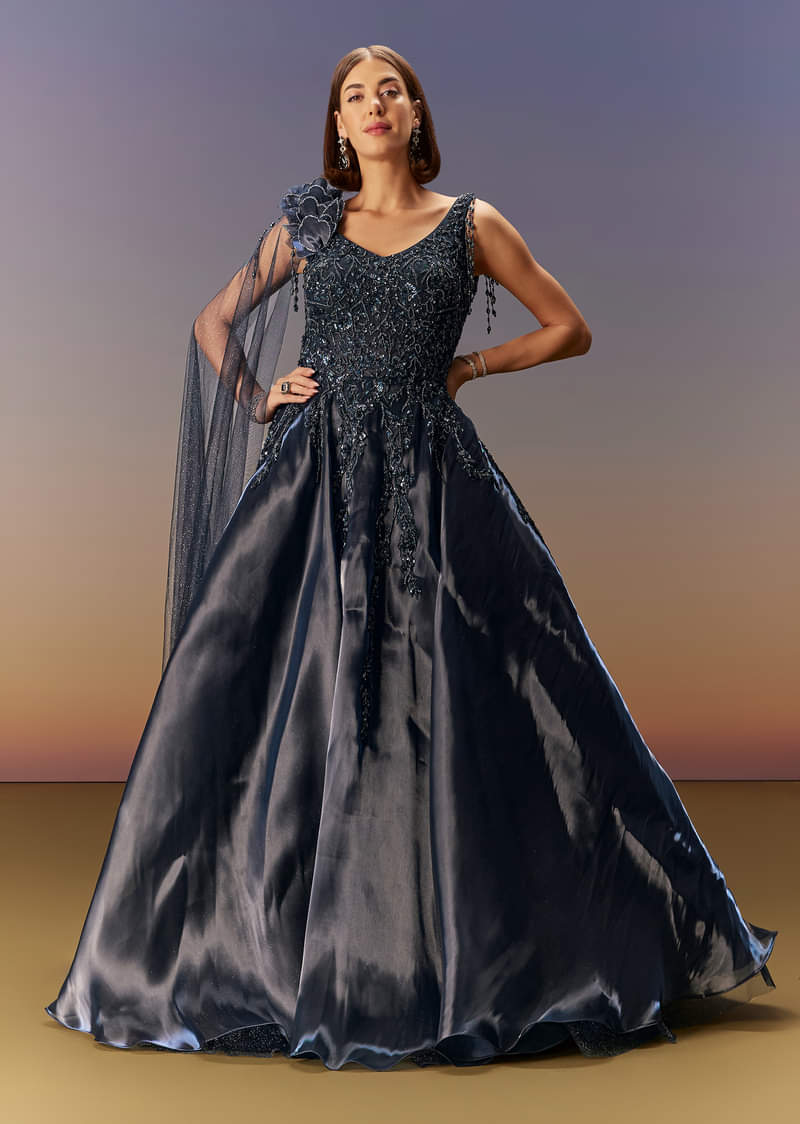 Blue Embroidered Gown With Asymmetric Shoulder Cape - Image 4