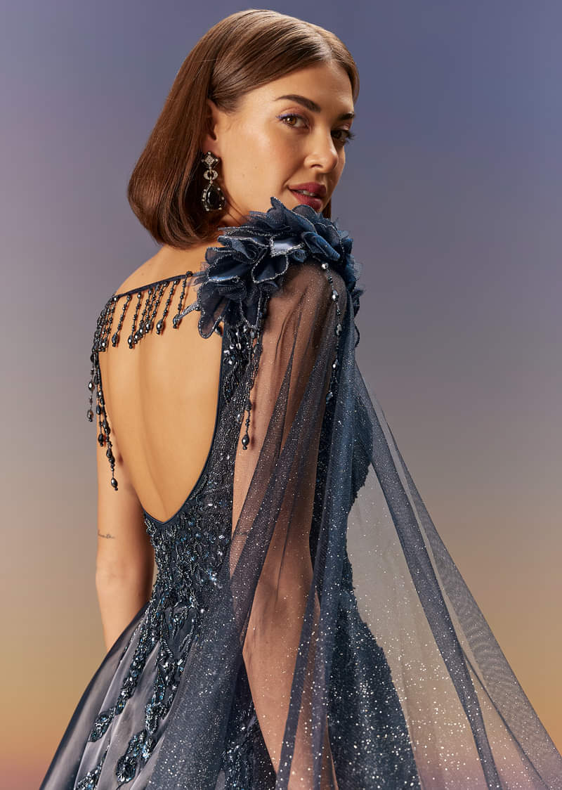 Blue Embroidered Gown With Asymmetric Shoulder Cape - Image 6