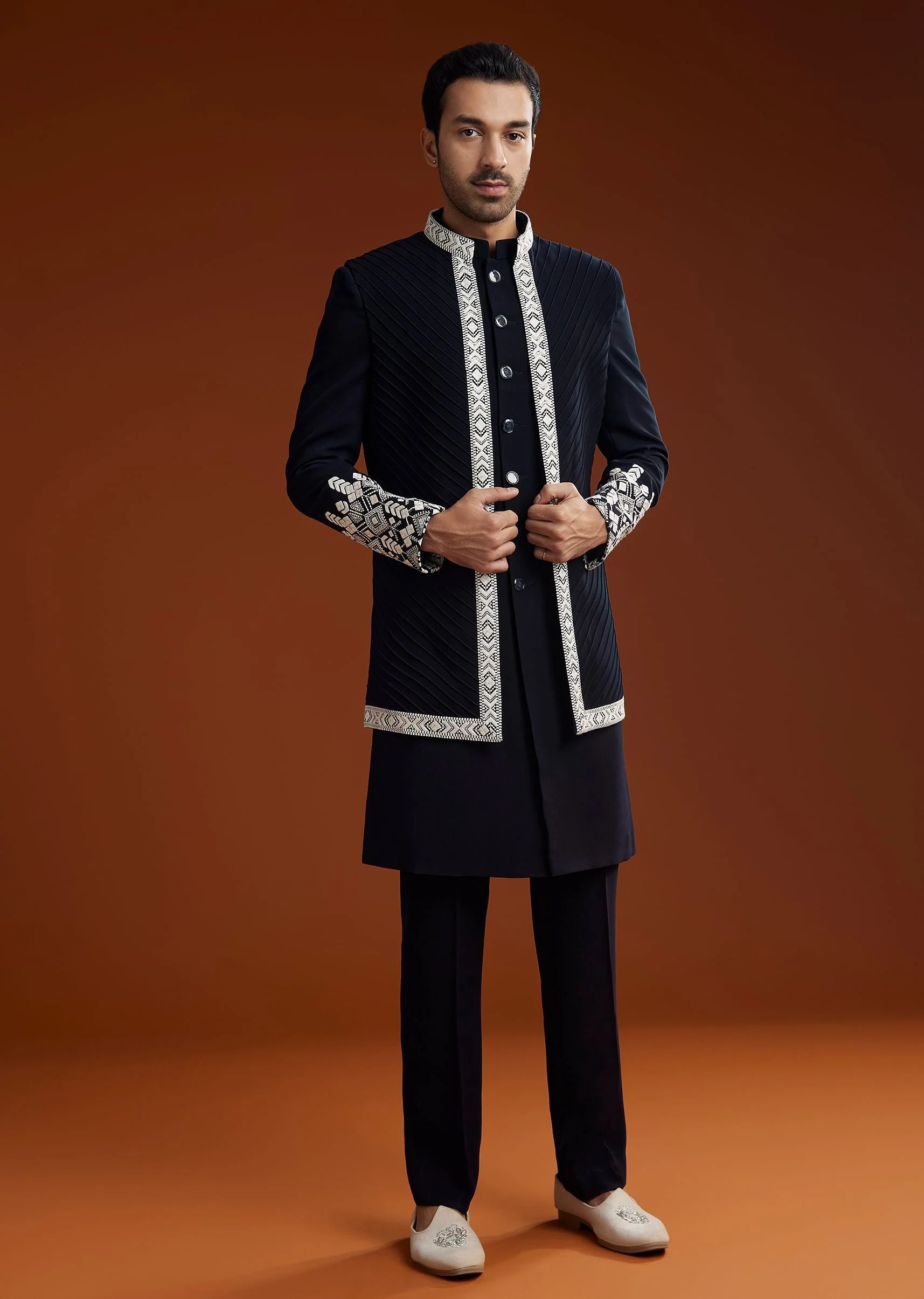 Blue Embroidered Indo Western Jacket Set With Dupatta - Image 5
