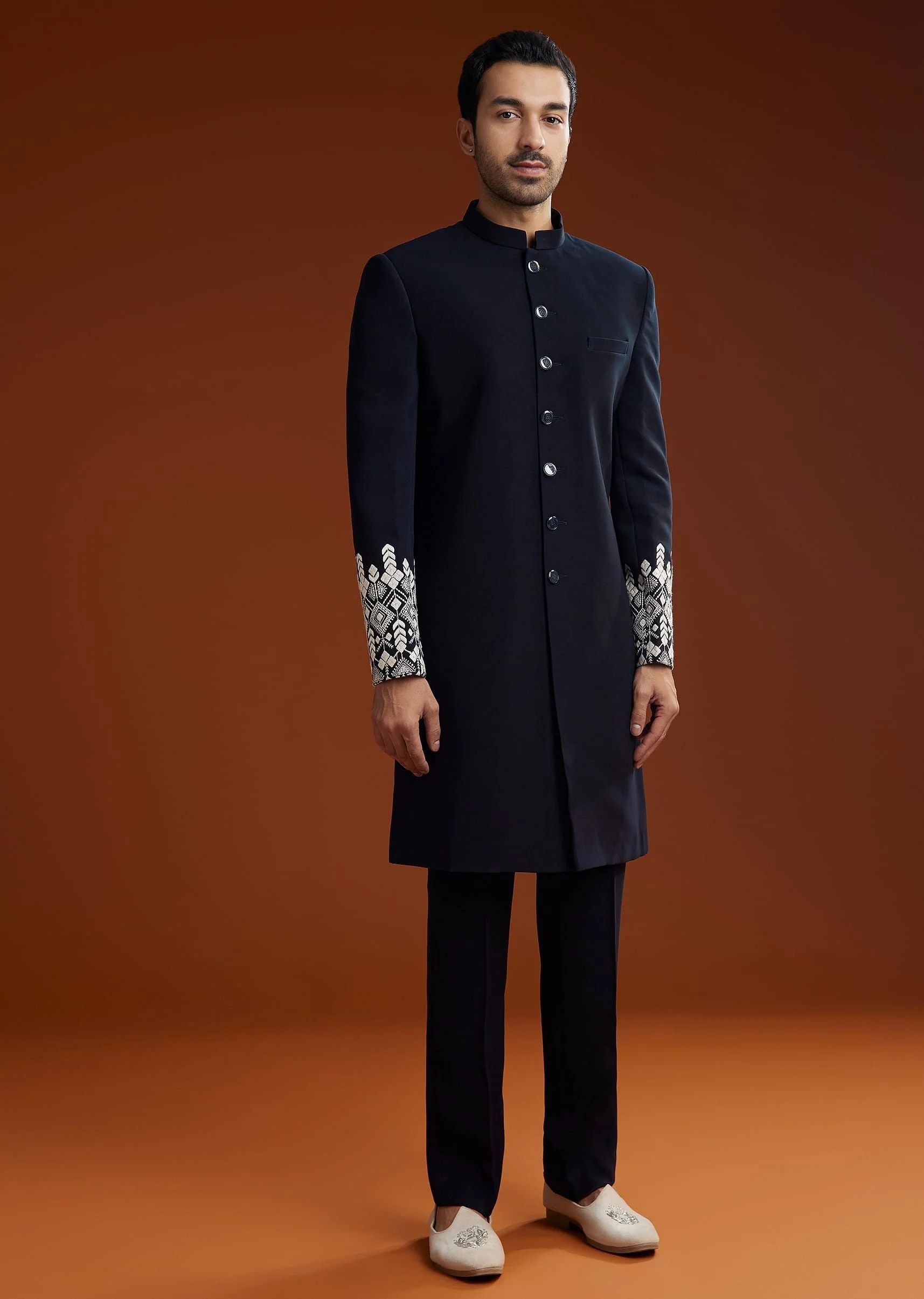 Blue Embroidered Indo Western Jacket Set With Dupatta - Image 6