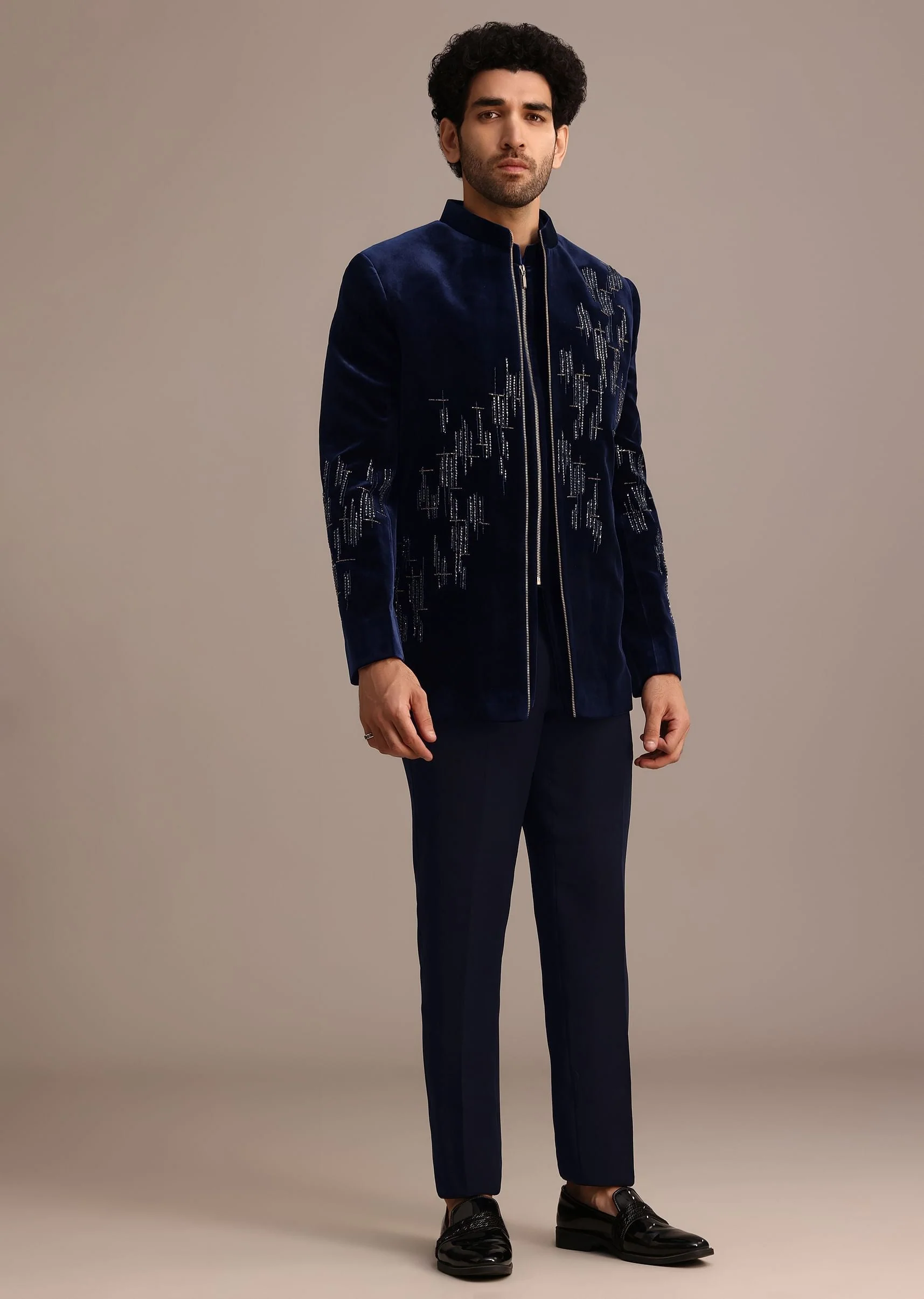 Blue Embroidered Indo Western Set in Velvet - Image 3