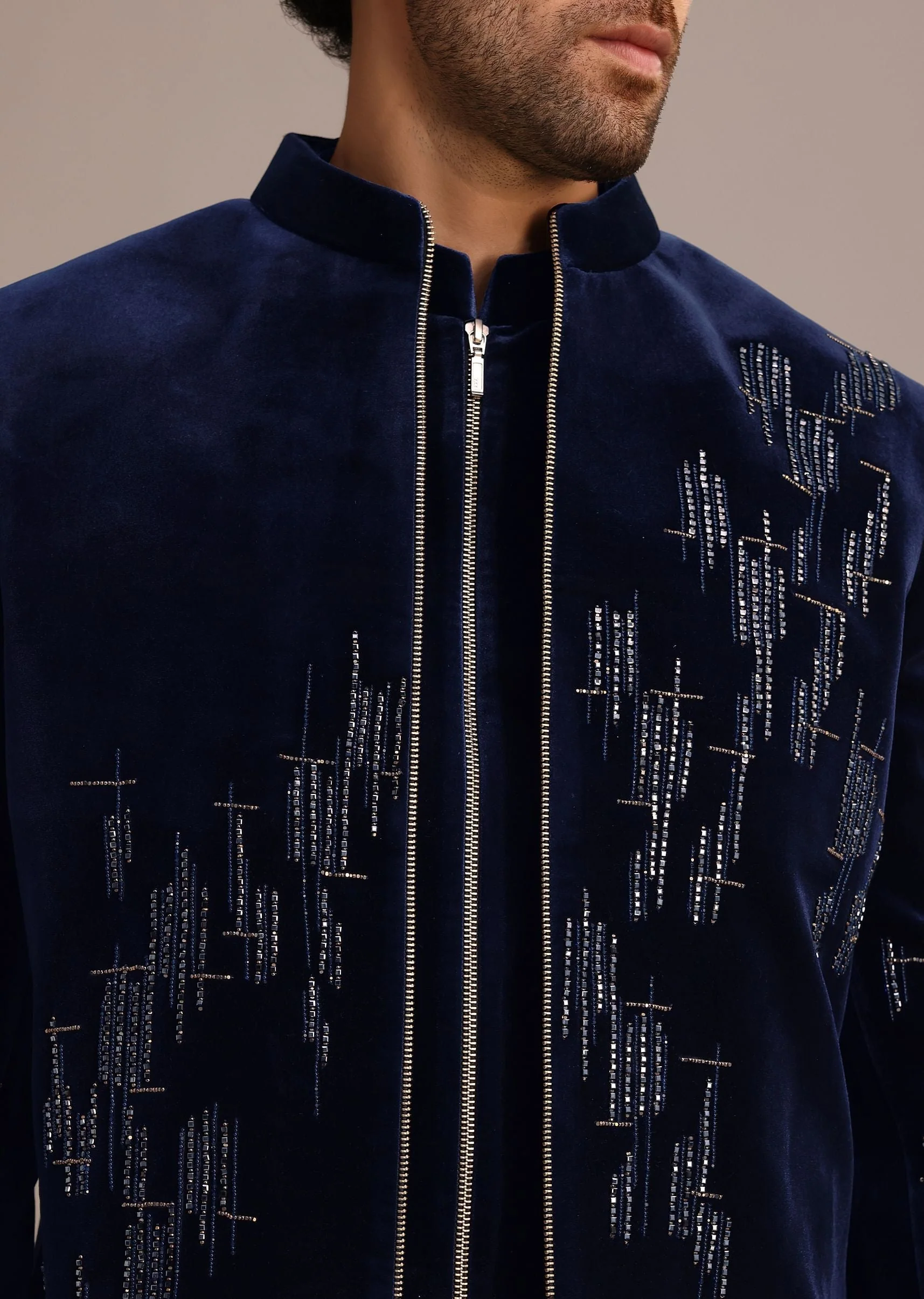 Blue Embroidered Indo Western Set in Velvet - Image 5