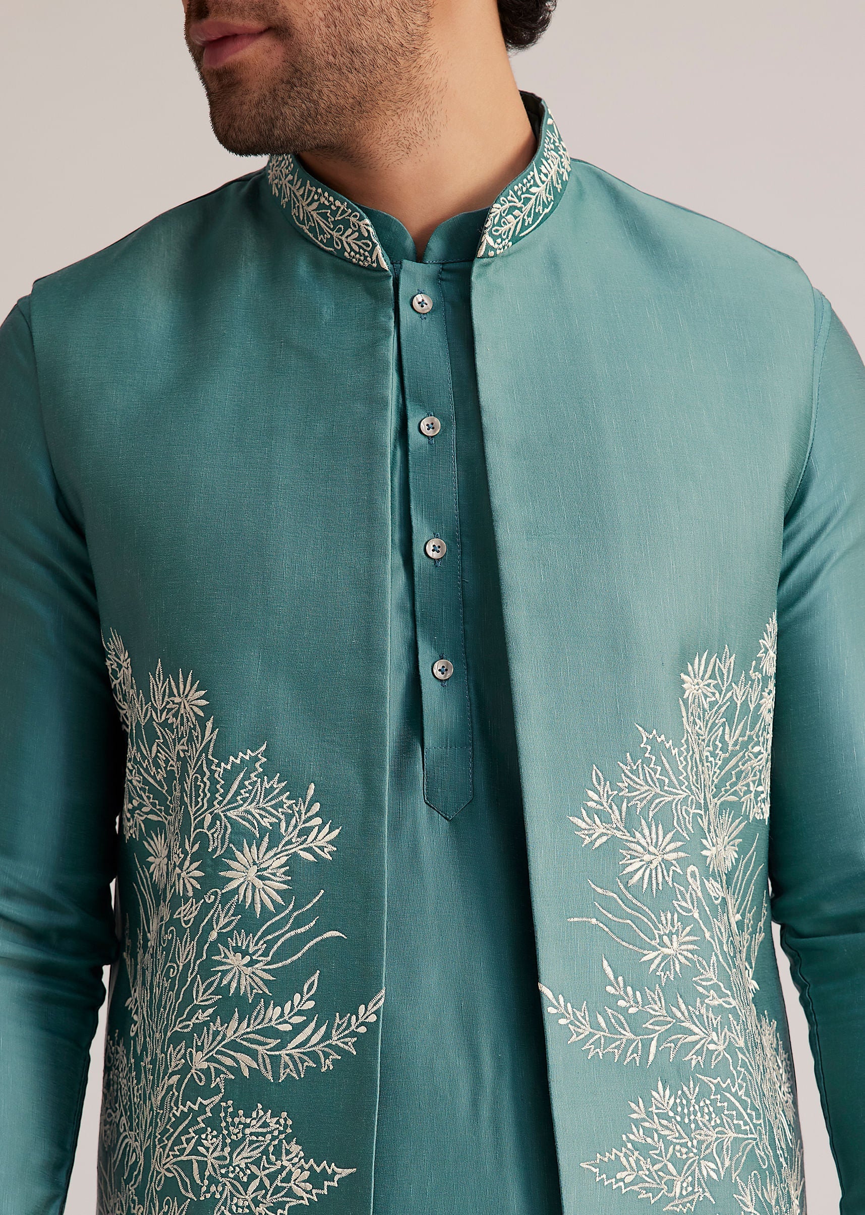 Blue Embroidered Jacket Kurta Set - Image 2