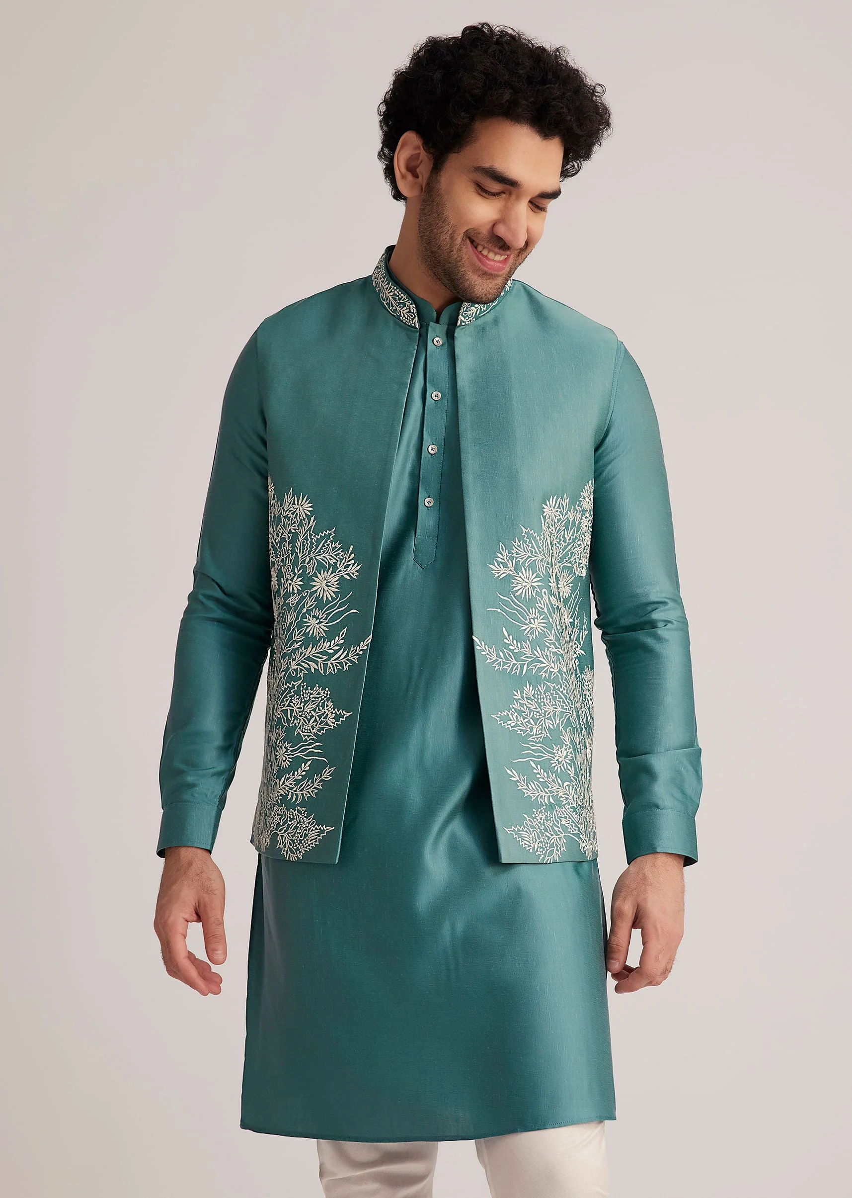 Blue Embroidered Jacket Kurta Set - Image 3
