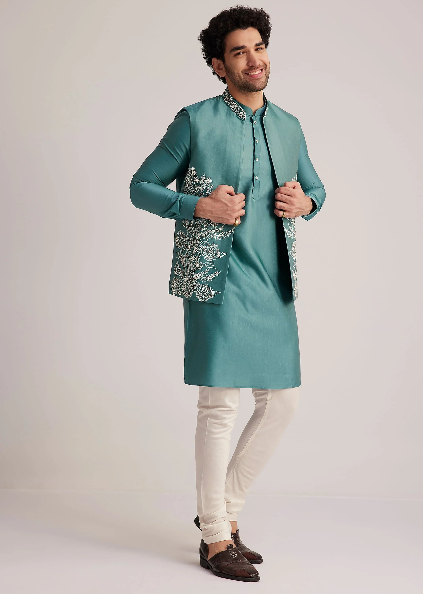Blue Embroidered Jacket Kurta Set - Image 4
