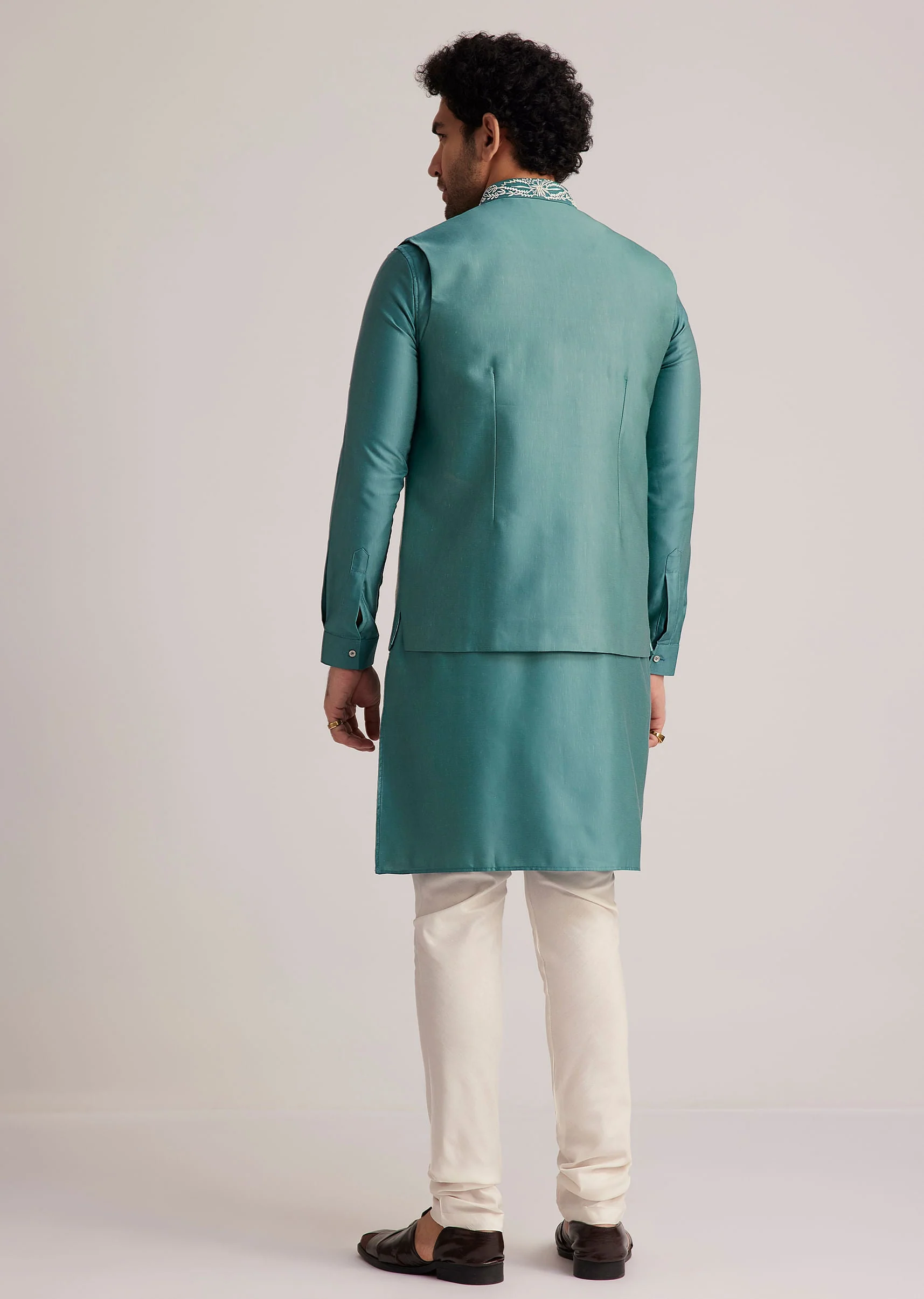 Blue Embroidered Jacket Kurta Set - Image 5