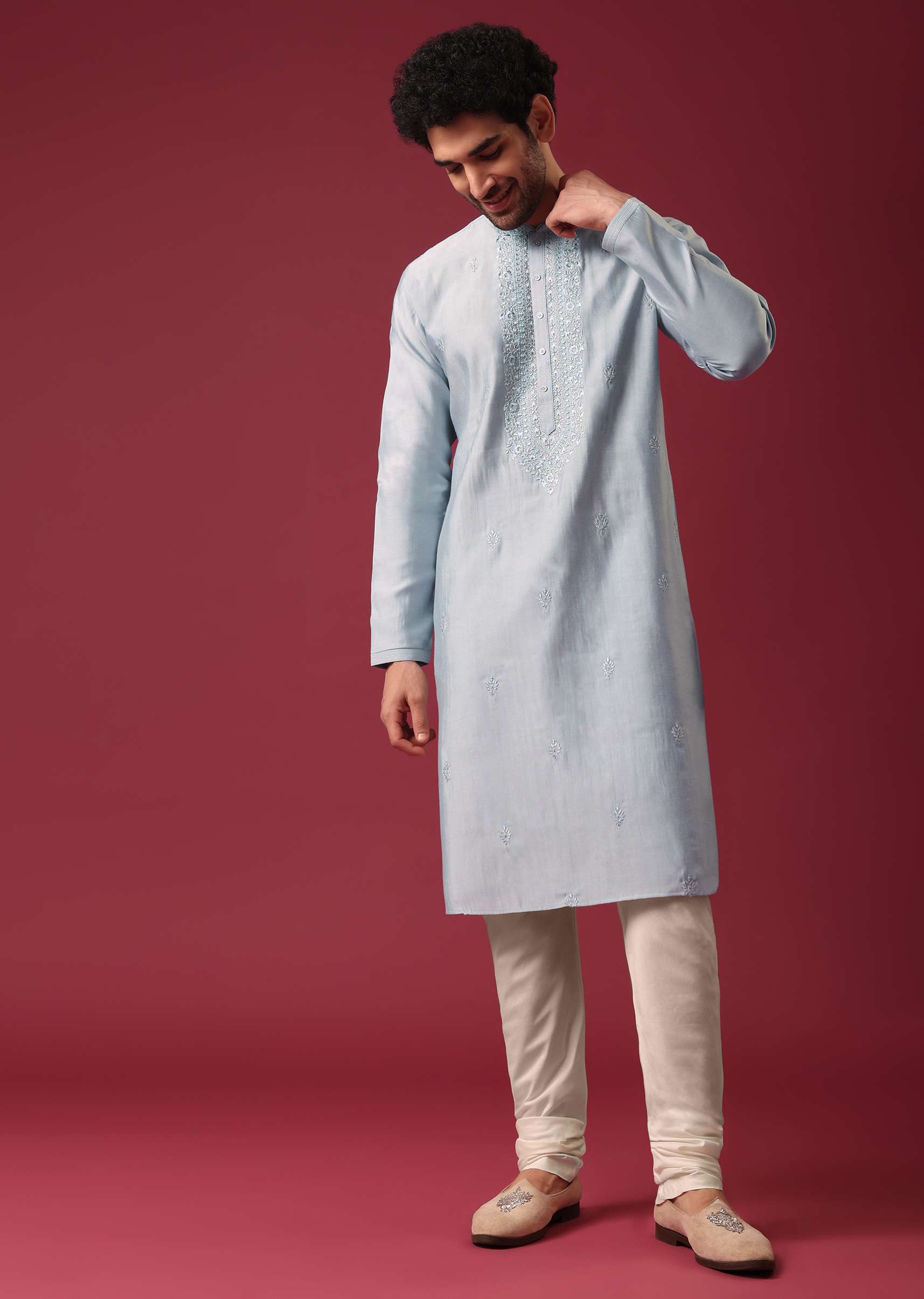 Blue Embroidered Kurta Set In Silk - Image 2