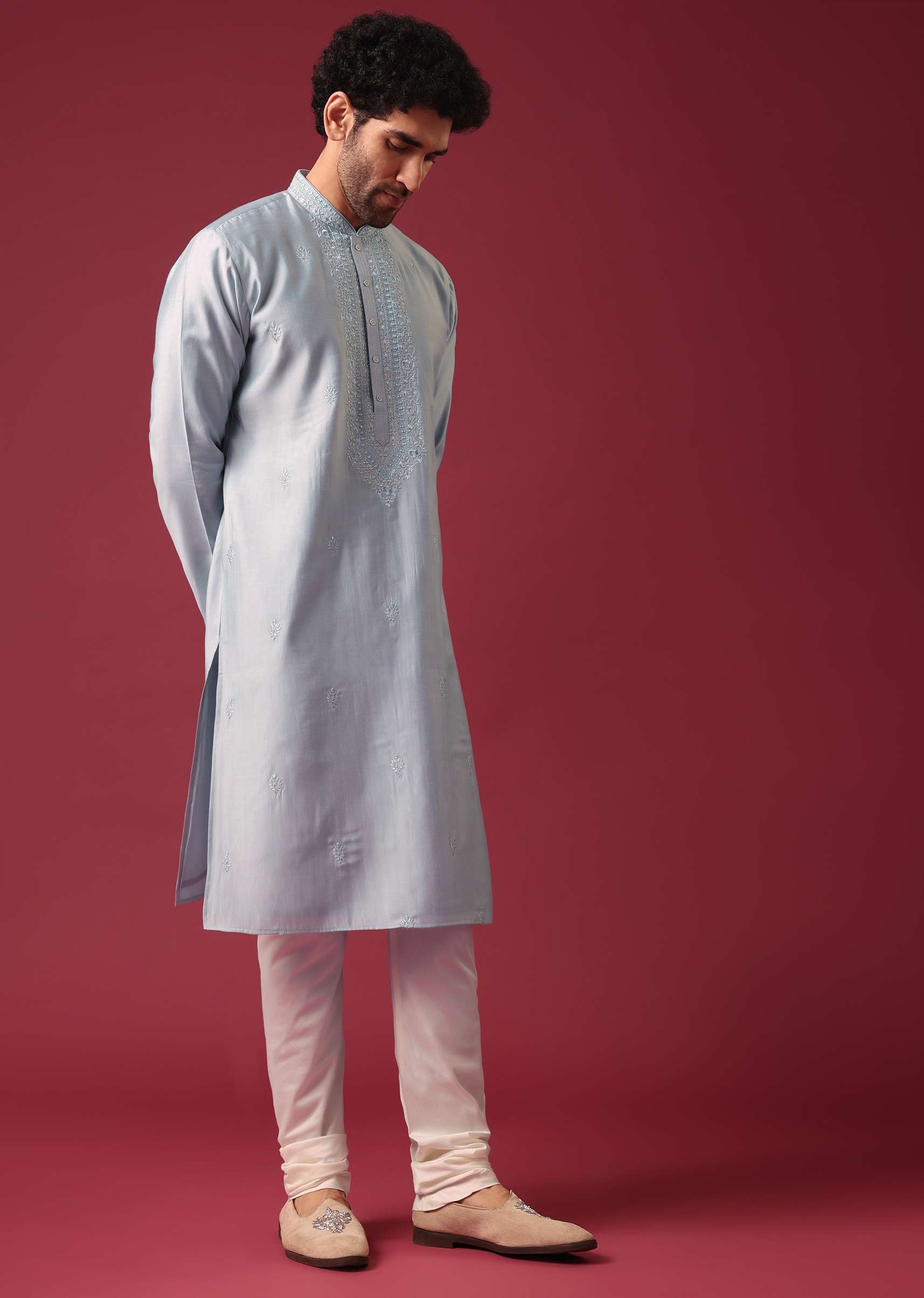 Blue Embroidered Kurta Set In Silk - Image 5