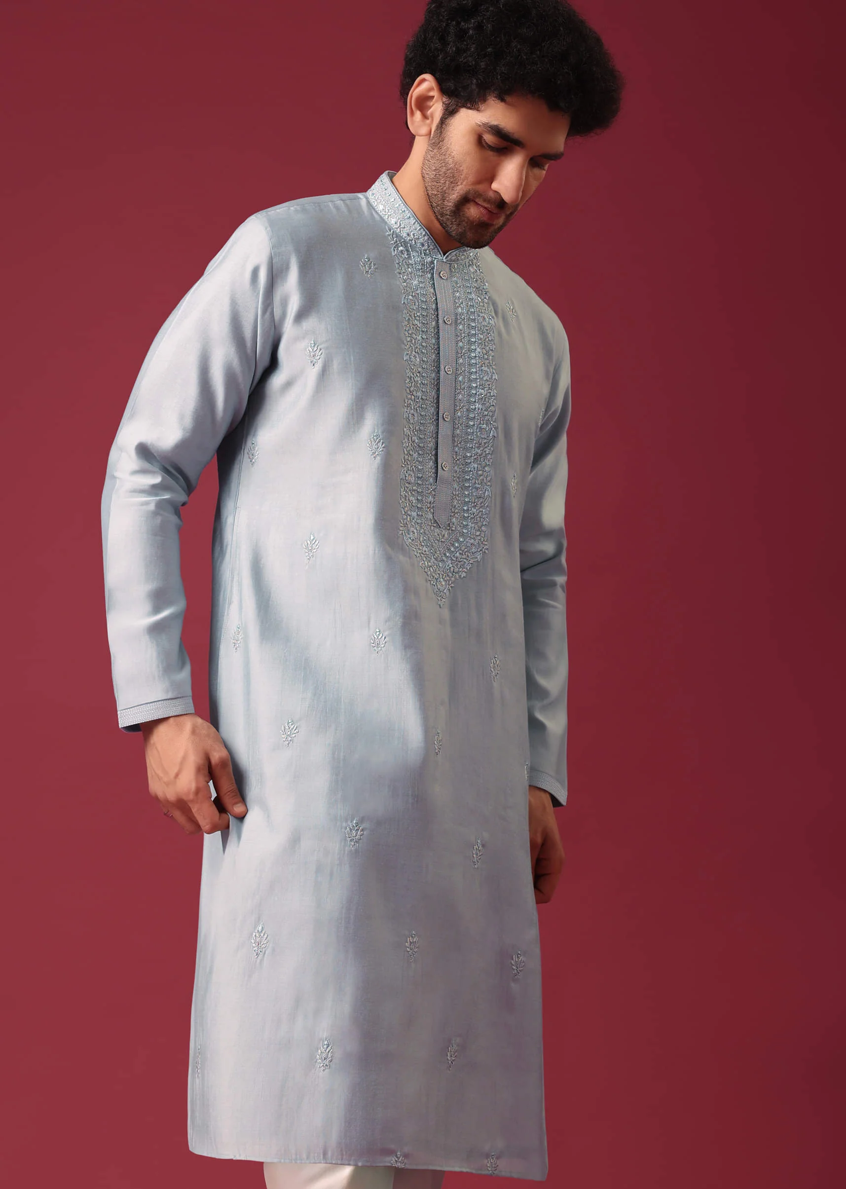 Blue Embroidered Kurta Set In Silk - Image 8