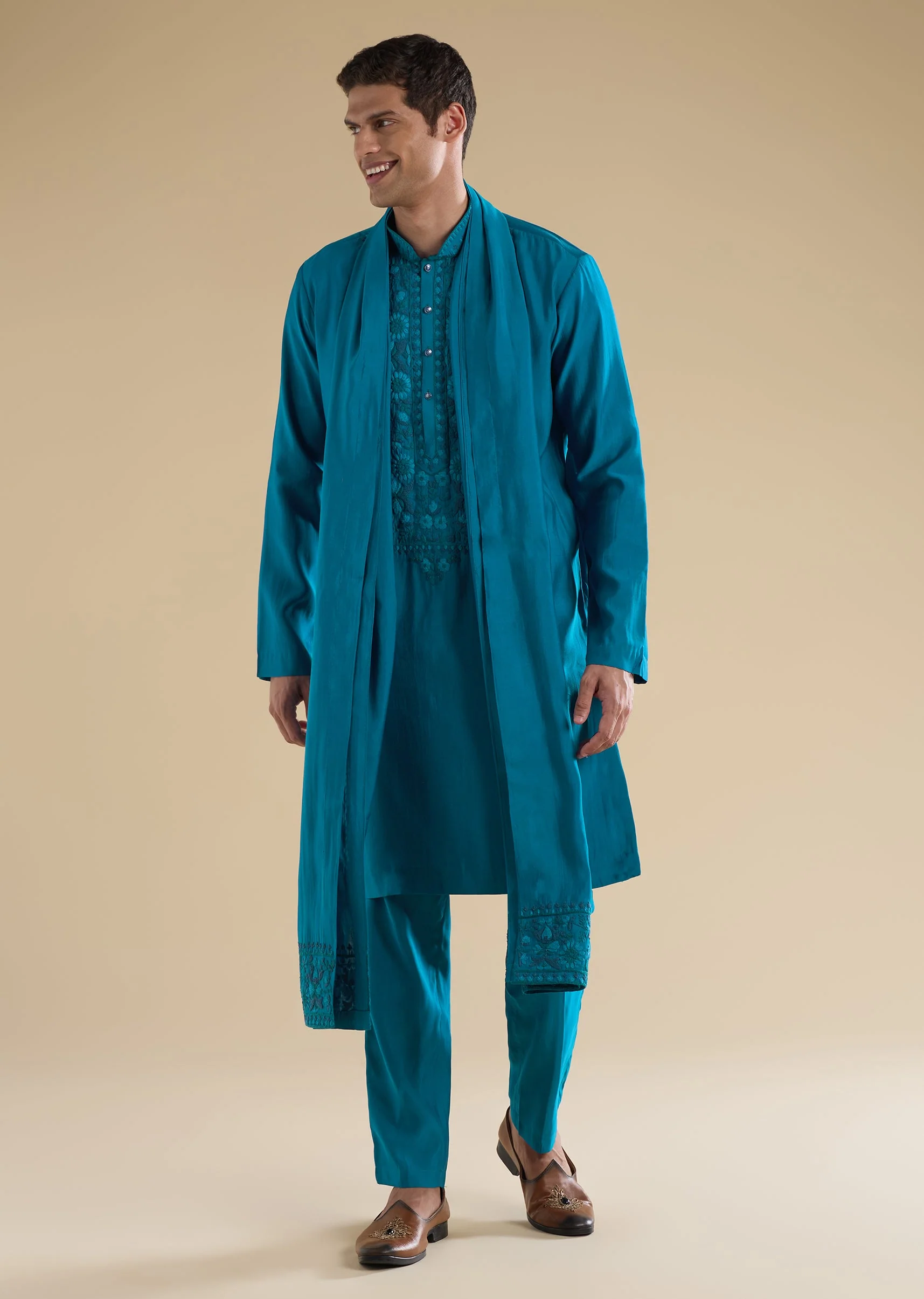 Blue Embroidered Kurta Sets And Dupatta - Image 3
