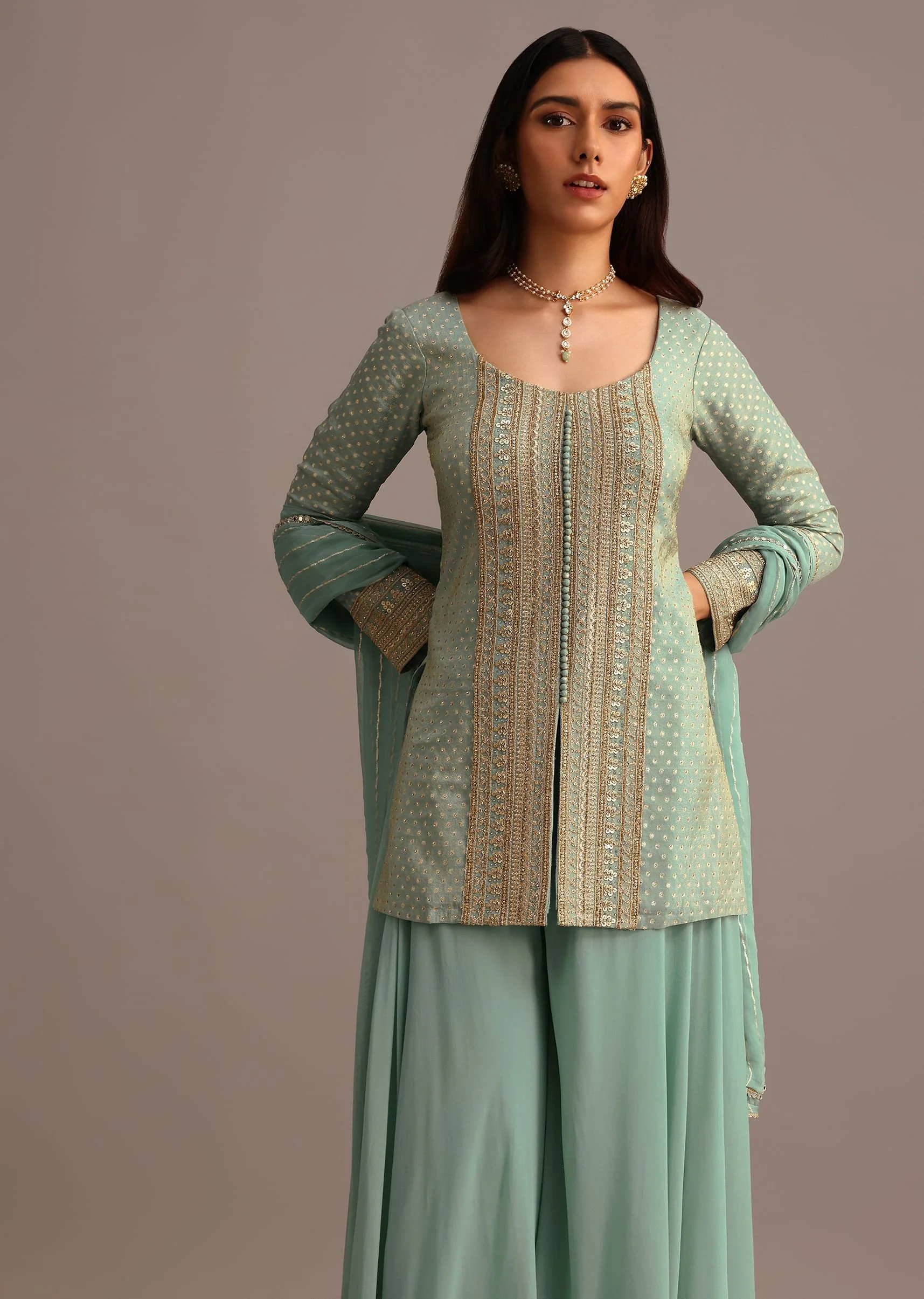 Blue Embroidered Kurti Set With Dupatta - Image 4