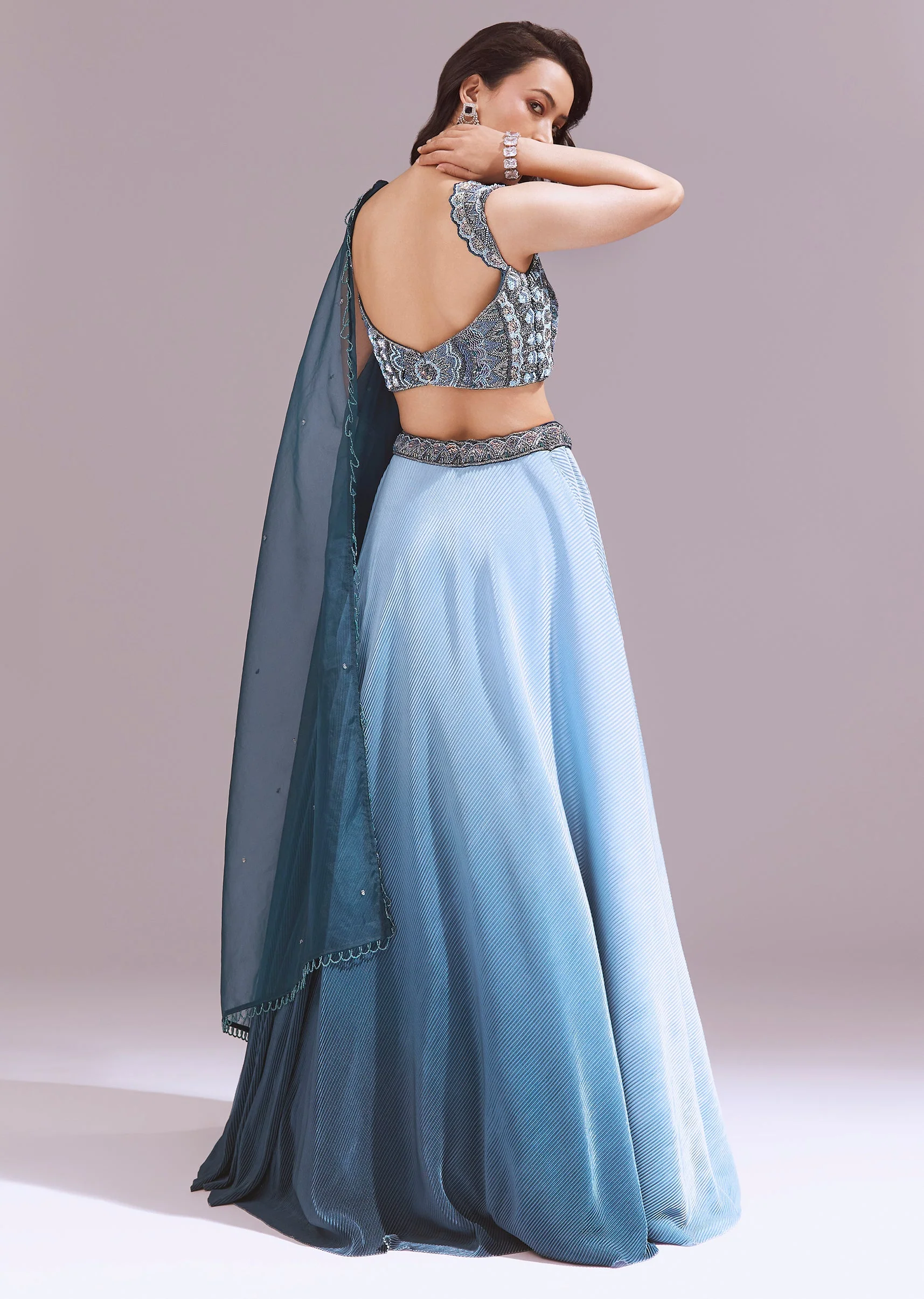 Blue Embroidered Lehenga Set With Dupattas - Image 2