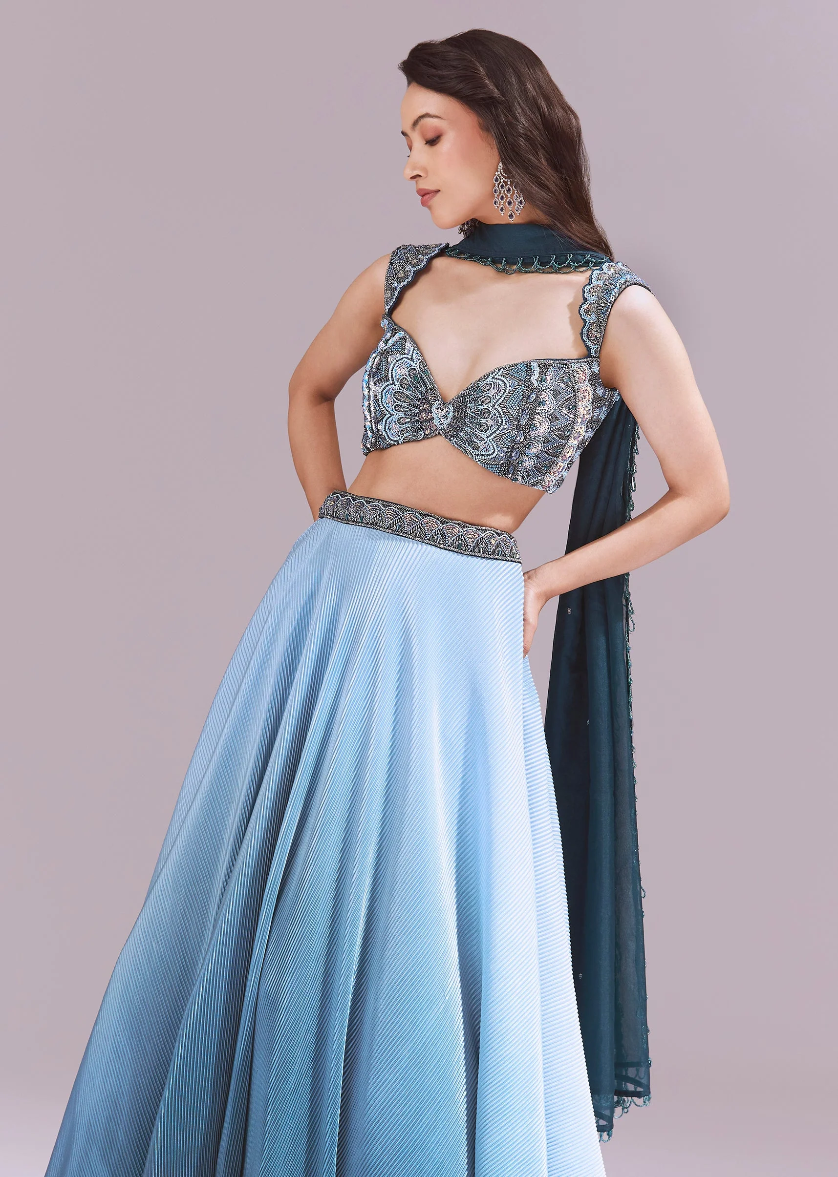 Blue Embroidered Lehenga Set With Dupattas - Image 5