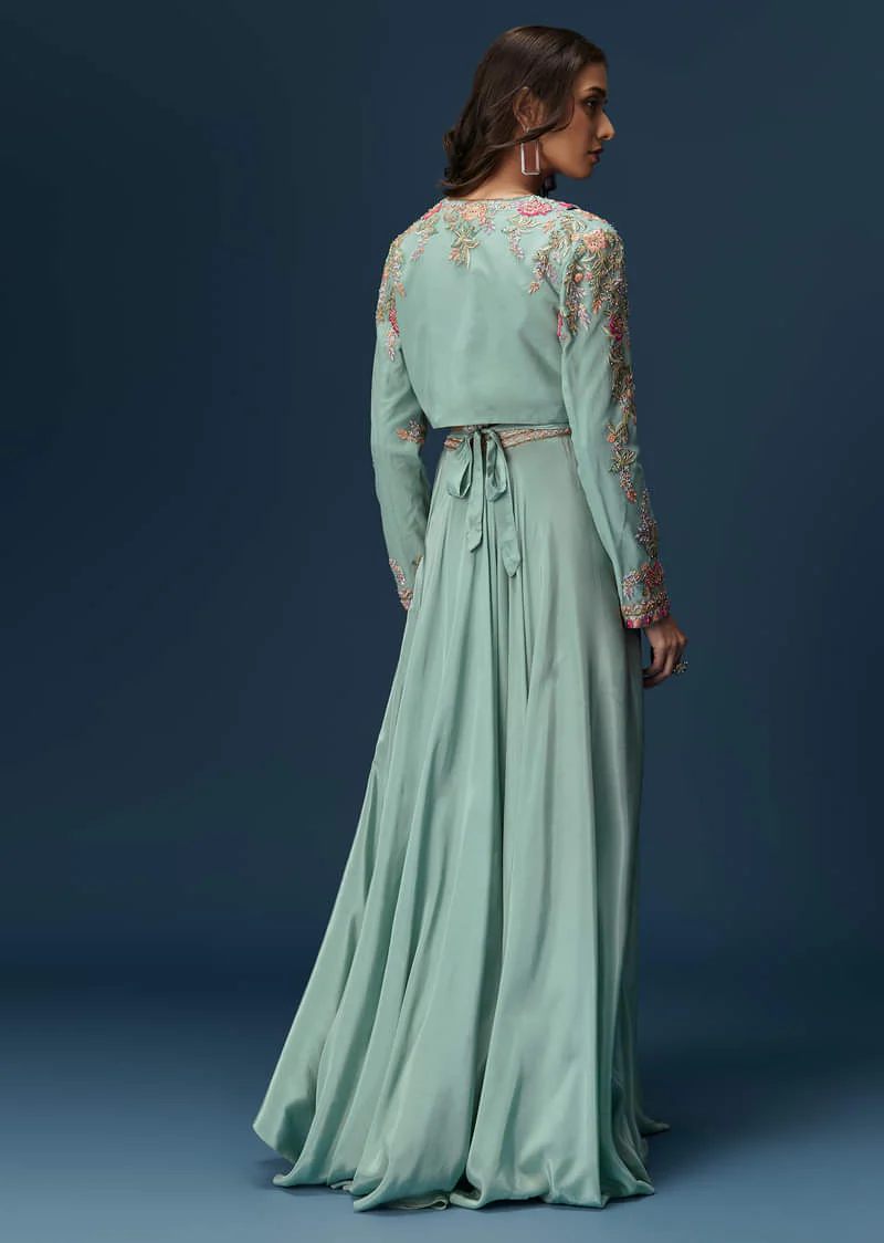 Blue Embroidered Palazzo Set With Coordinated Jacket And Blouse - Image 2