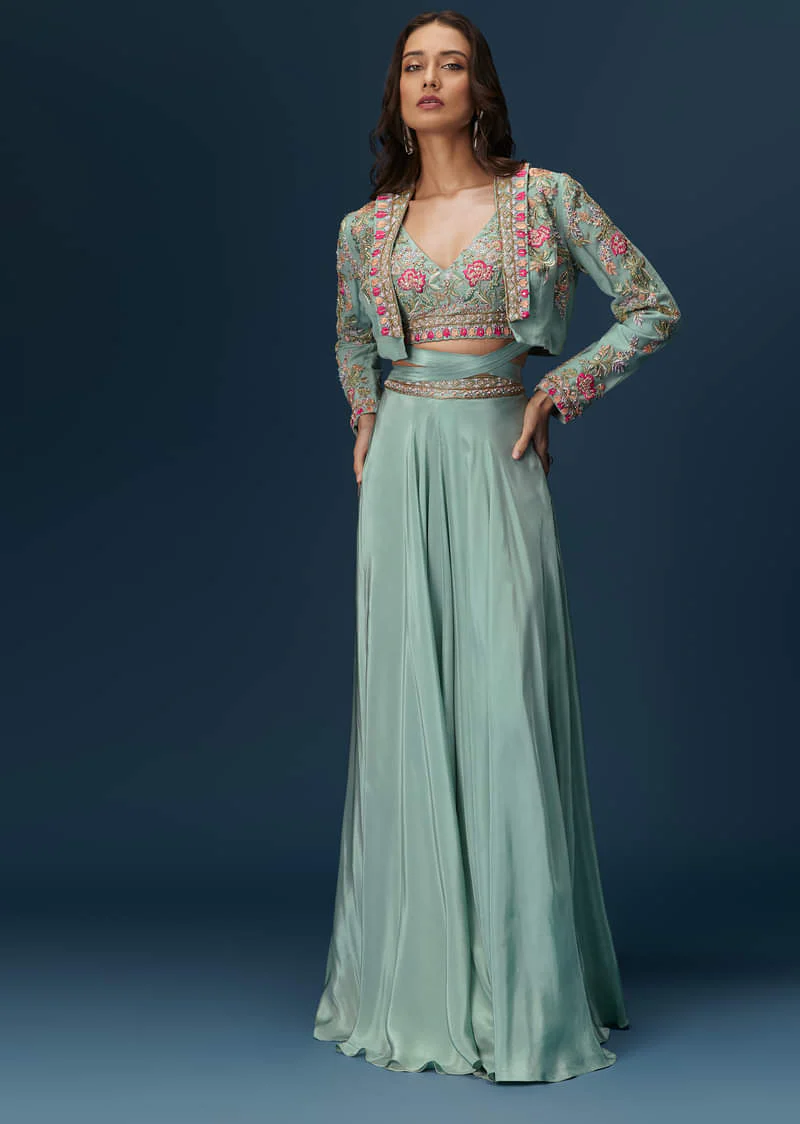 Blue Embroidered Palazzo Set With Coordinated Jacket And Blouse - Image 3