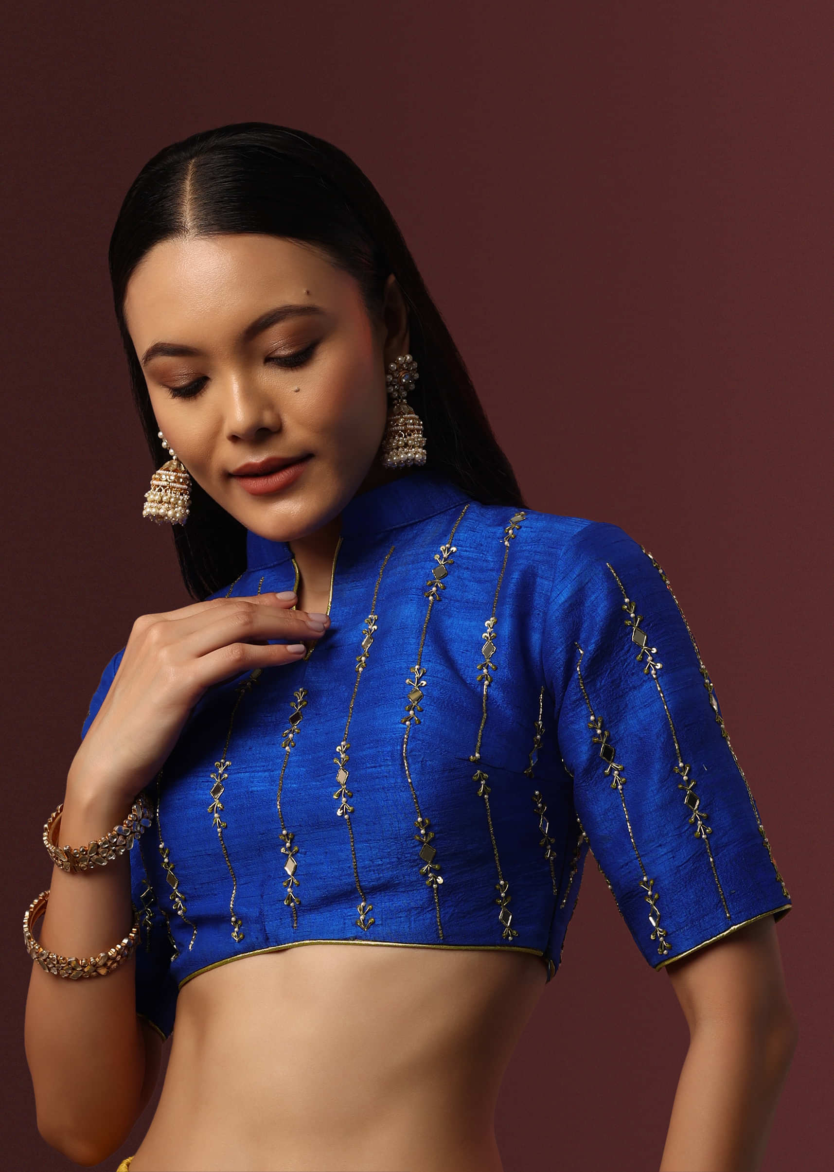Blue Embroidered Raw Silk Blouse - Image 2