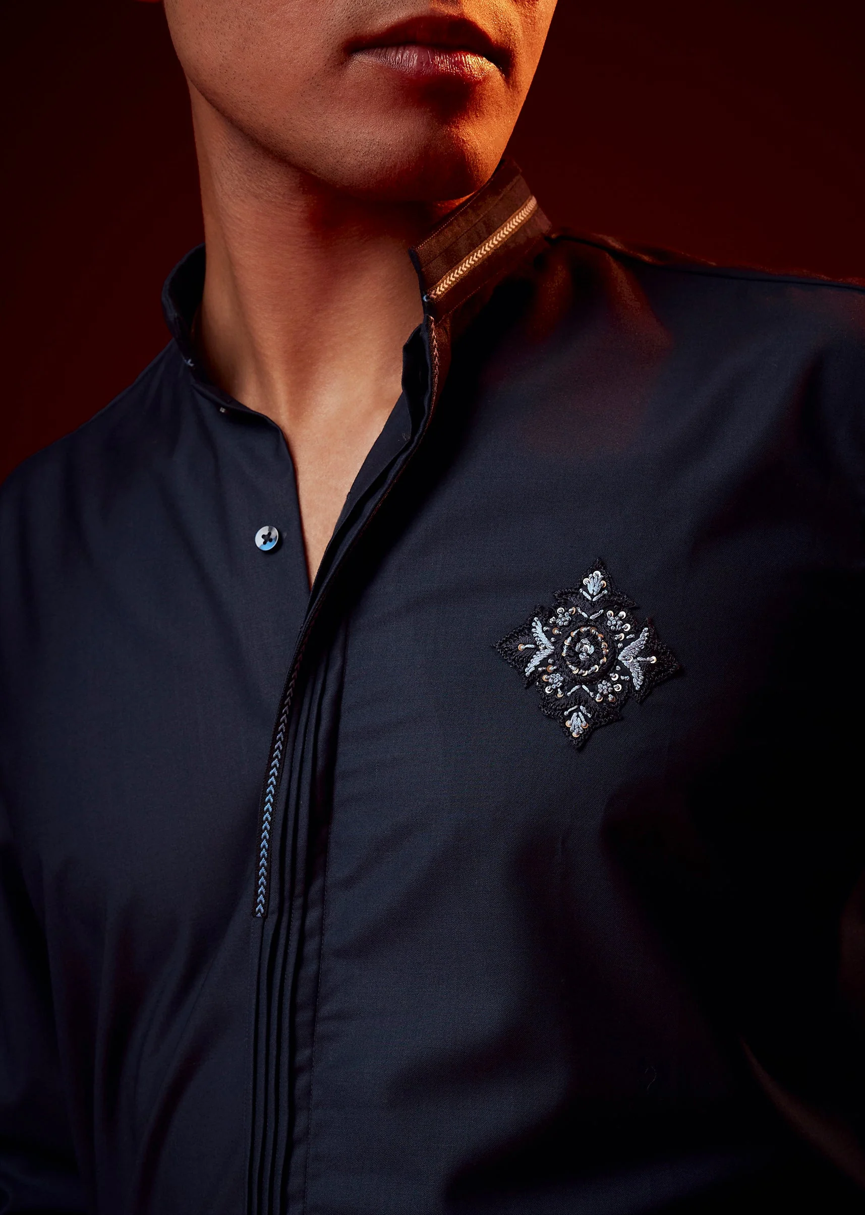Blue Embroidered Rayon Mandarin Collar Shirt - Image 2