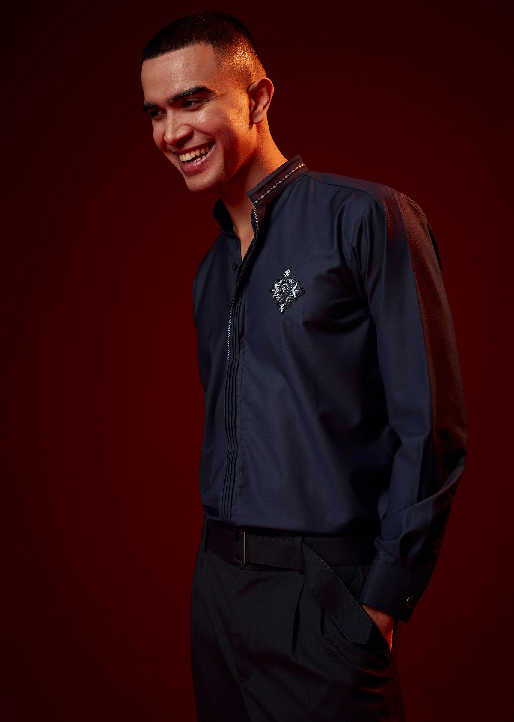 Blue Embroidered Rayon Mandarin Collar Shirt - Image 4
