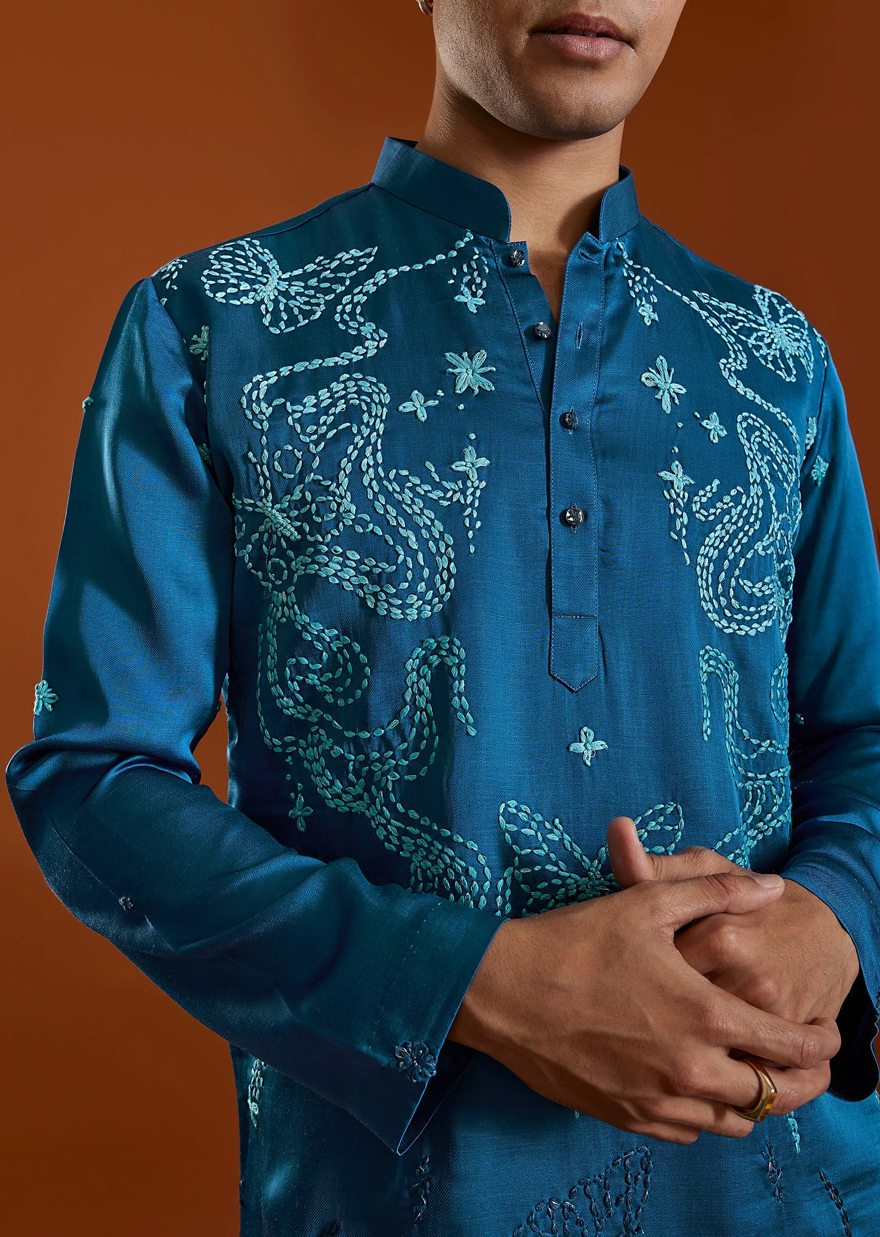 Blue Embroidered Satin Silk Kurta Set With Dupatta - Image 2