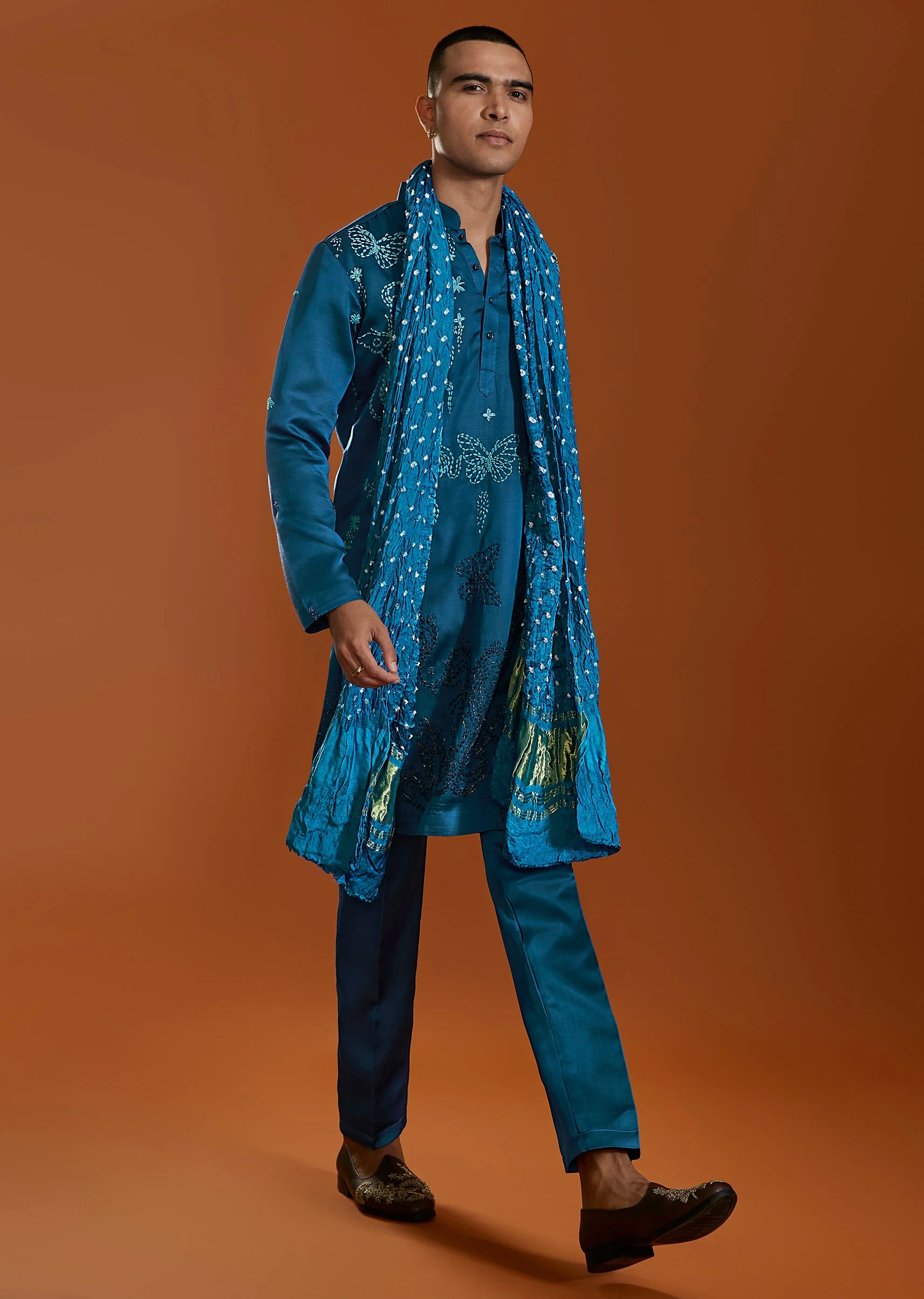Blue Embroidered Satin Silk Kurta Set With Dupatta - Image 3