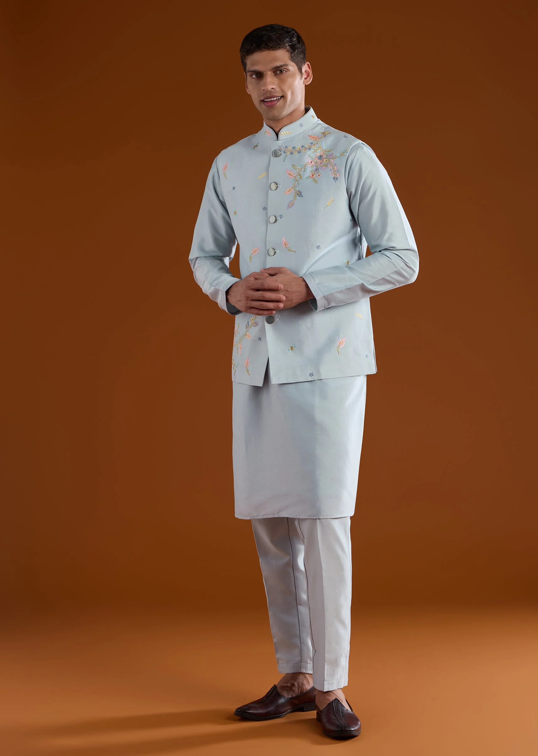 Blue Embroidered Silk Kurta Jacket Set