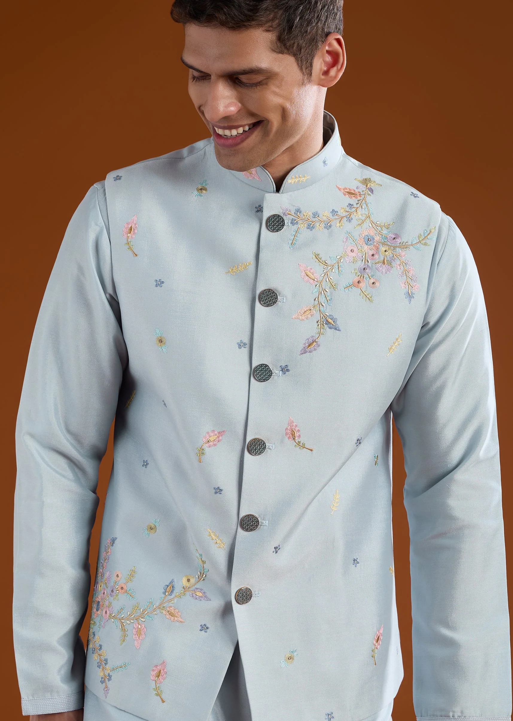 Blue Embroidered Silk Kurta Jacket Set - Image 2